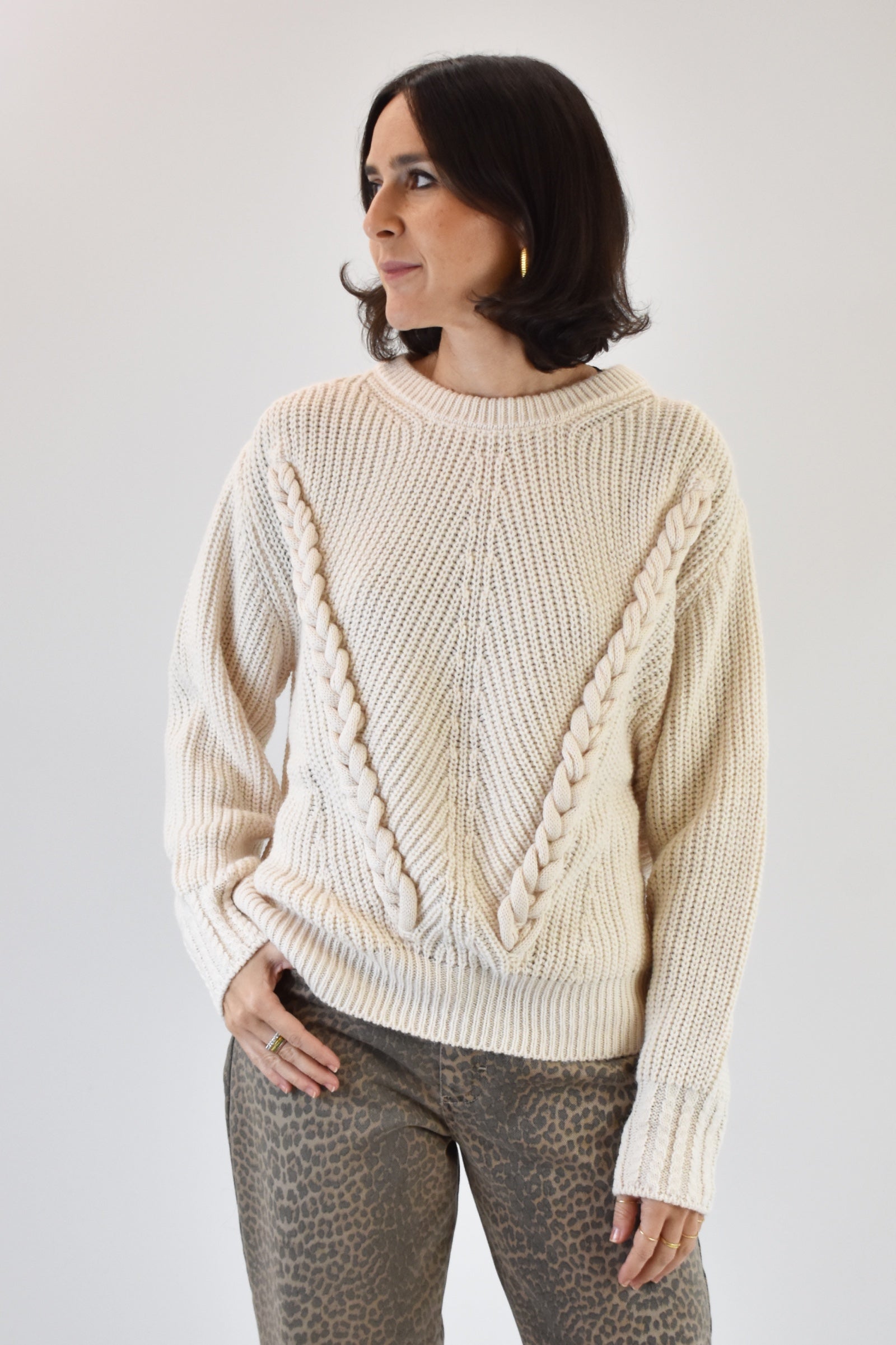 Maglia girocollo treccia V