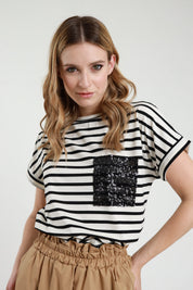 T-shirt righe tasca paillettes