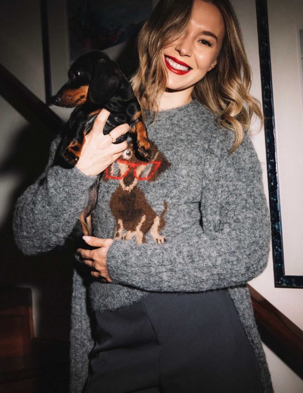 brand Susy Mix, maglia da donna girocollo con intarsio di bassotto con occhiali, articolo 252511