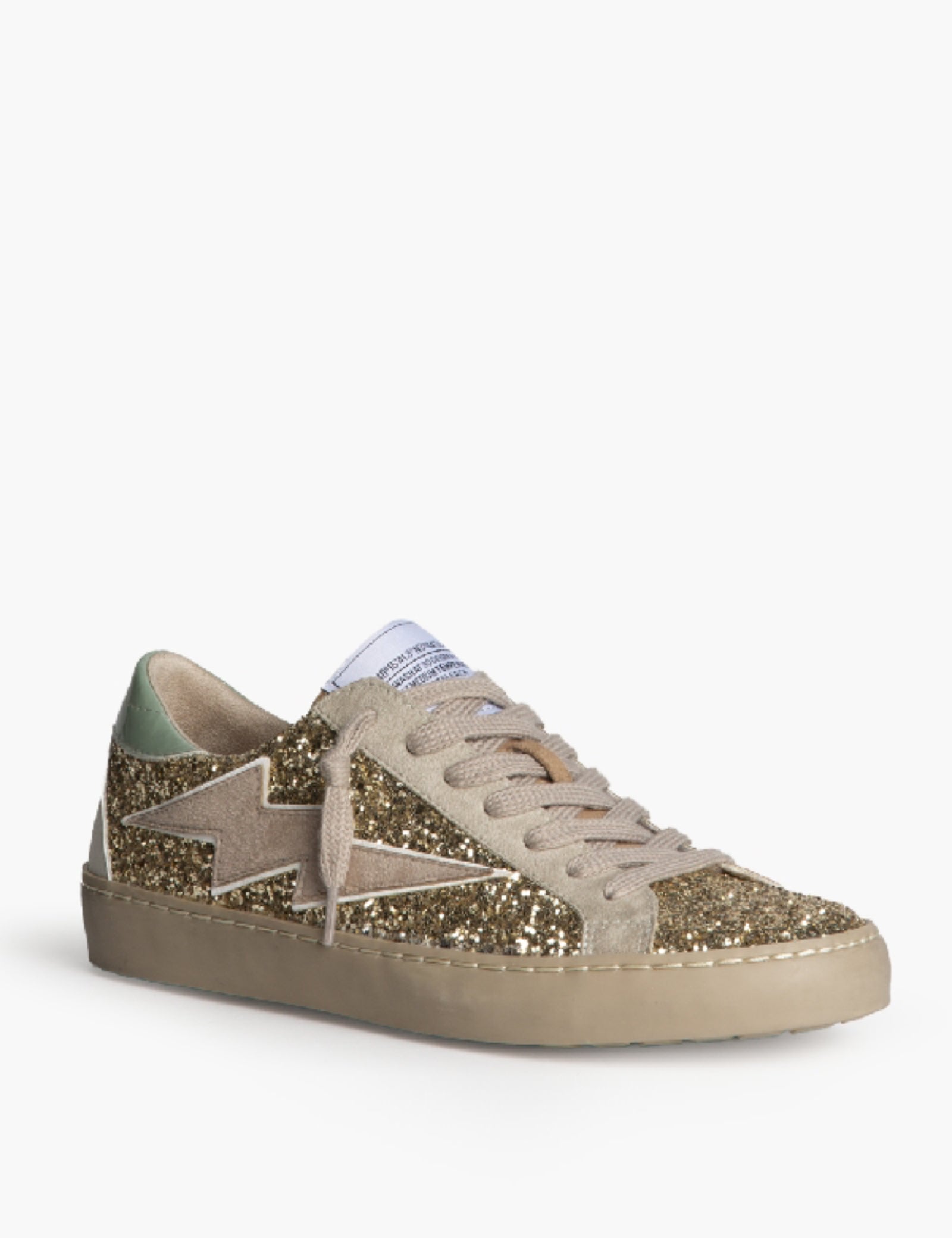 Sneaker bassa in ecocamoscio ricoperta da glitter oro, con patch fulmine sul lato esterno. Brand corina, calzata regolare, colore oro, articolo M6022