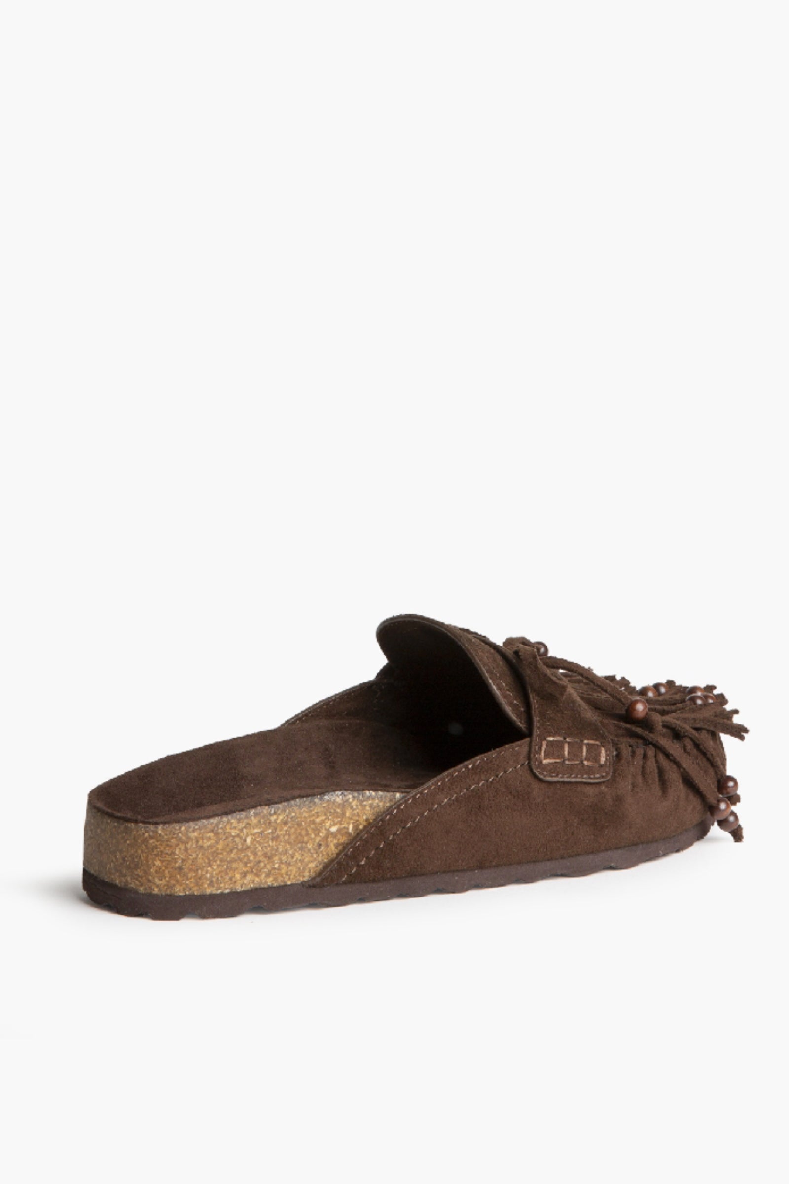 sabot da donna effetto suede con frange e perline, colore marrone