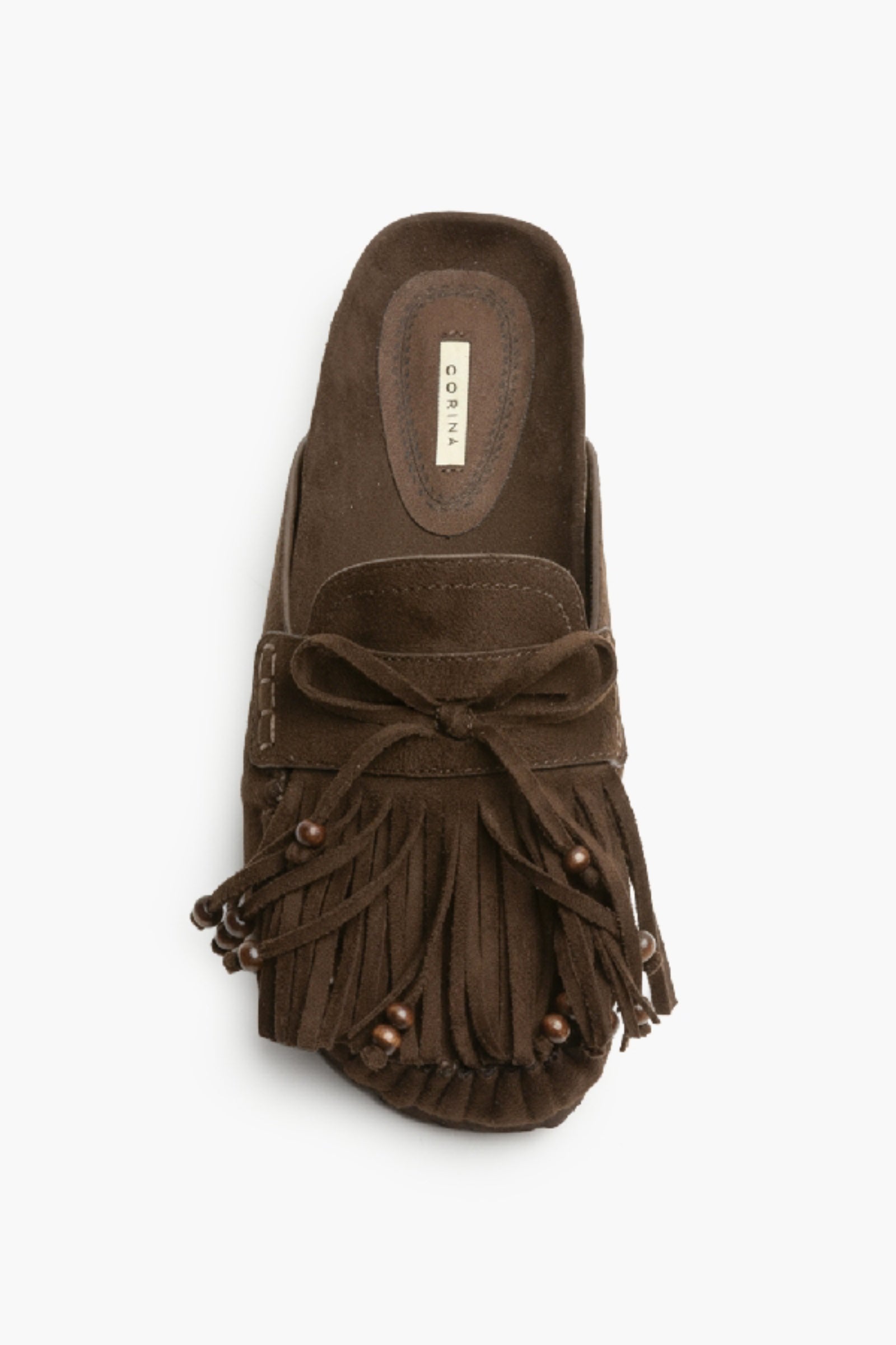 sabot da donna effetto suede con frange e perline, colore marrone