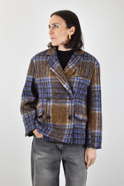 FOTO FRONTALE INDOSSATA DI GIACCA A QUADRI MARRONE E BLU IN LANA, GIACCA A QUADRI TENSIONE IN, 26B1612