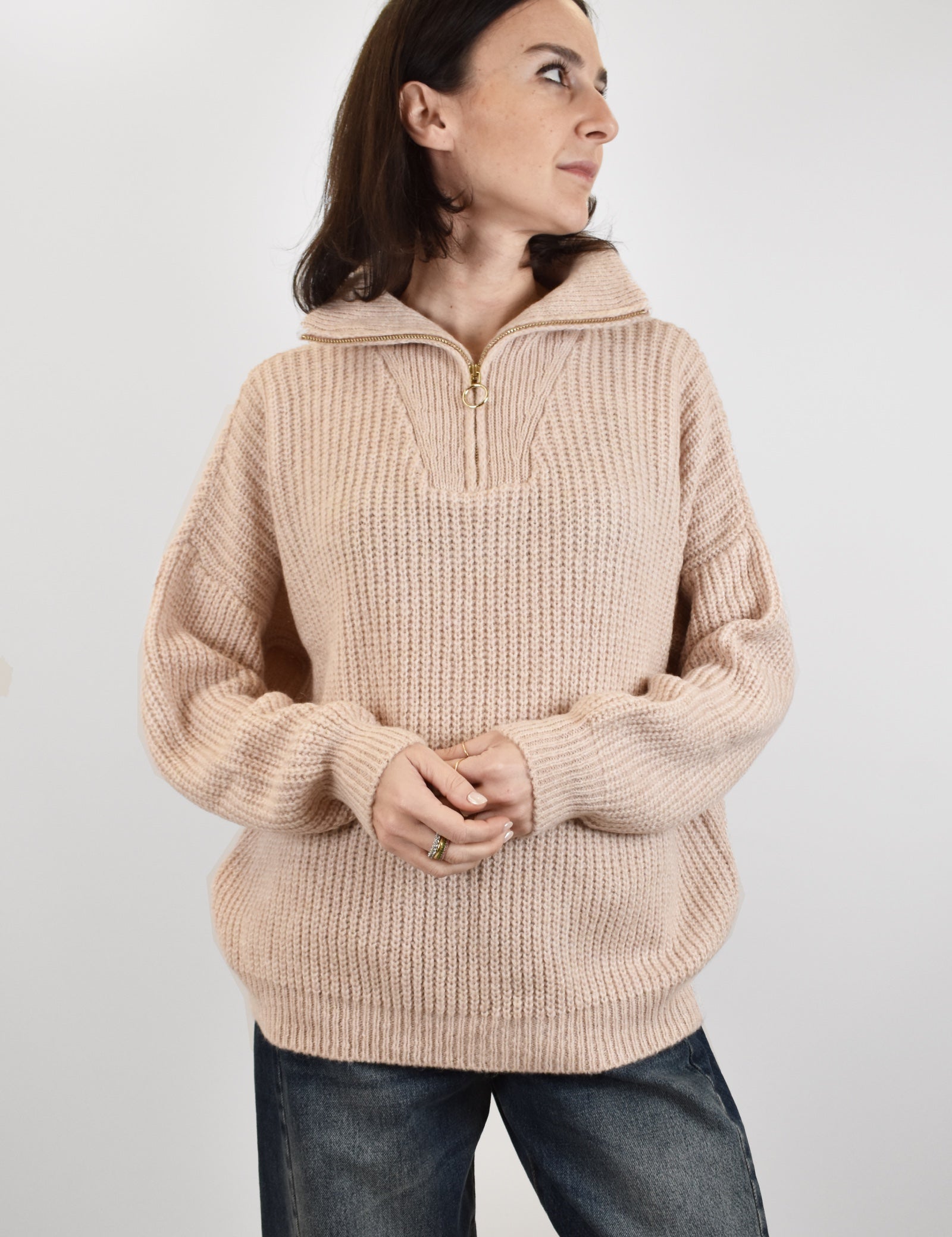 Maglia modello quarter zip, brand HaveOne, modello MHO-P415, colore cipria