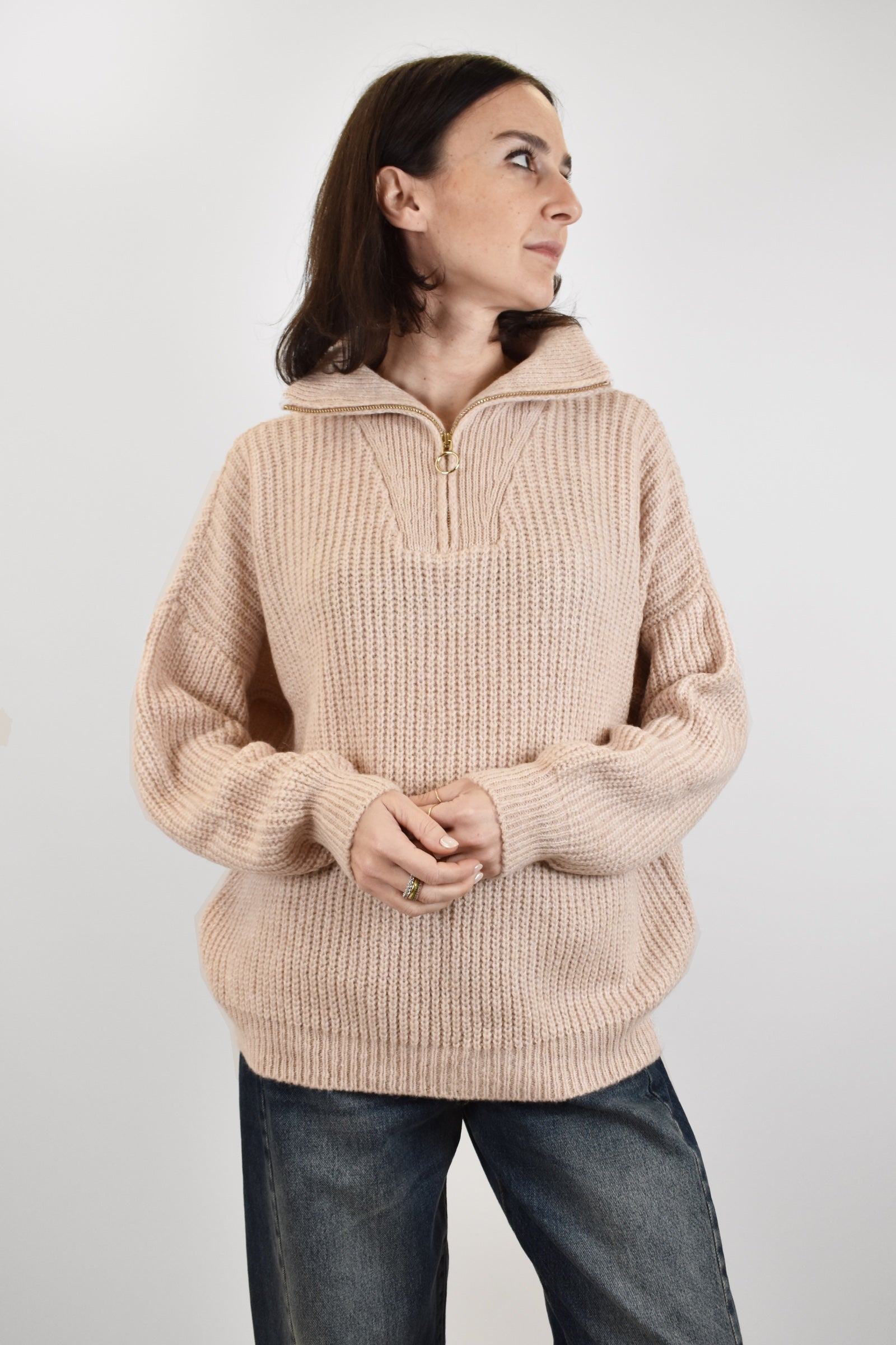 Maglia modello quarter zip, brand HaveOne, modello MHO-P415, colore cipria