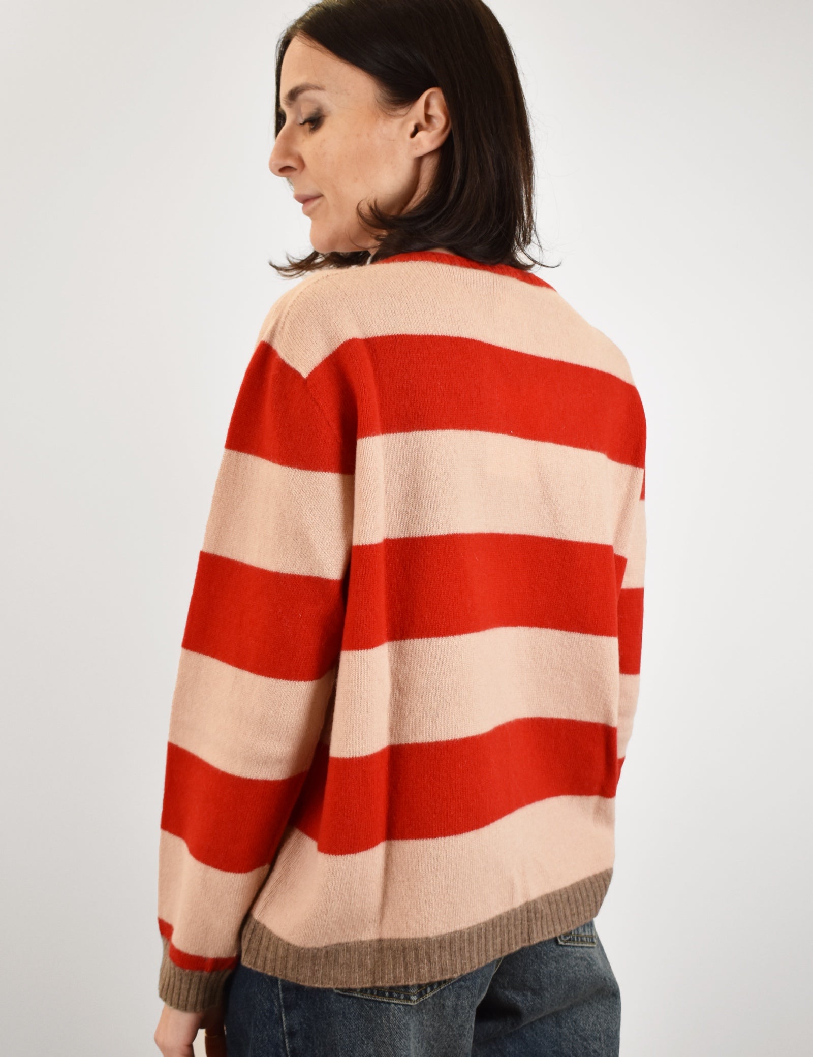 Maglia da donna a righe, realizzata in lana e cachemire, made in italy, colore rosso e rosa, brand ViCOLO, articolo M77087F