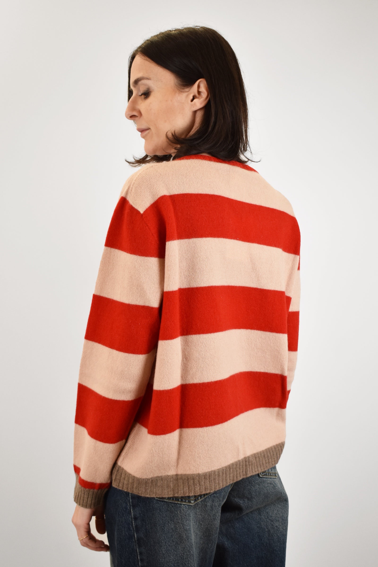 Maglia da donna a righe, realizzata in lana e cachemire, made in italy, colore rosso e rosa, brand ViCOLO, articolo M77087F