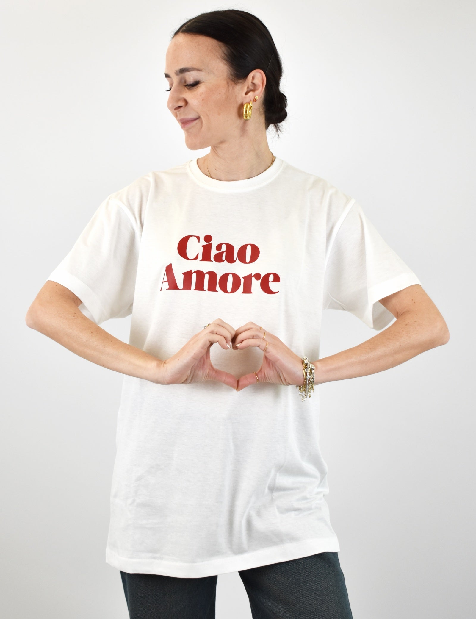 T-shirt da donna dal fit oversize con stampa "Ciao Amore", casual chic, brand Susy Mix, articolo tsh09