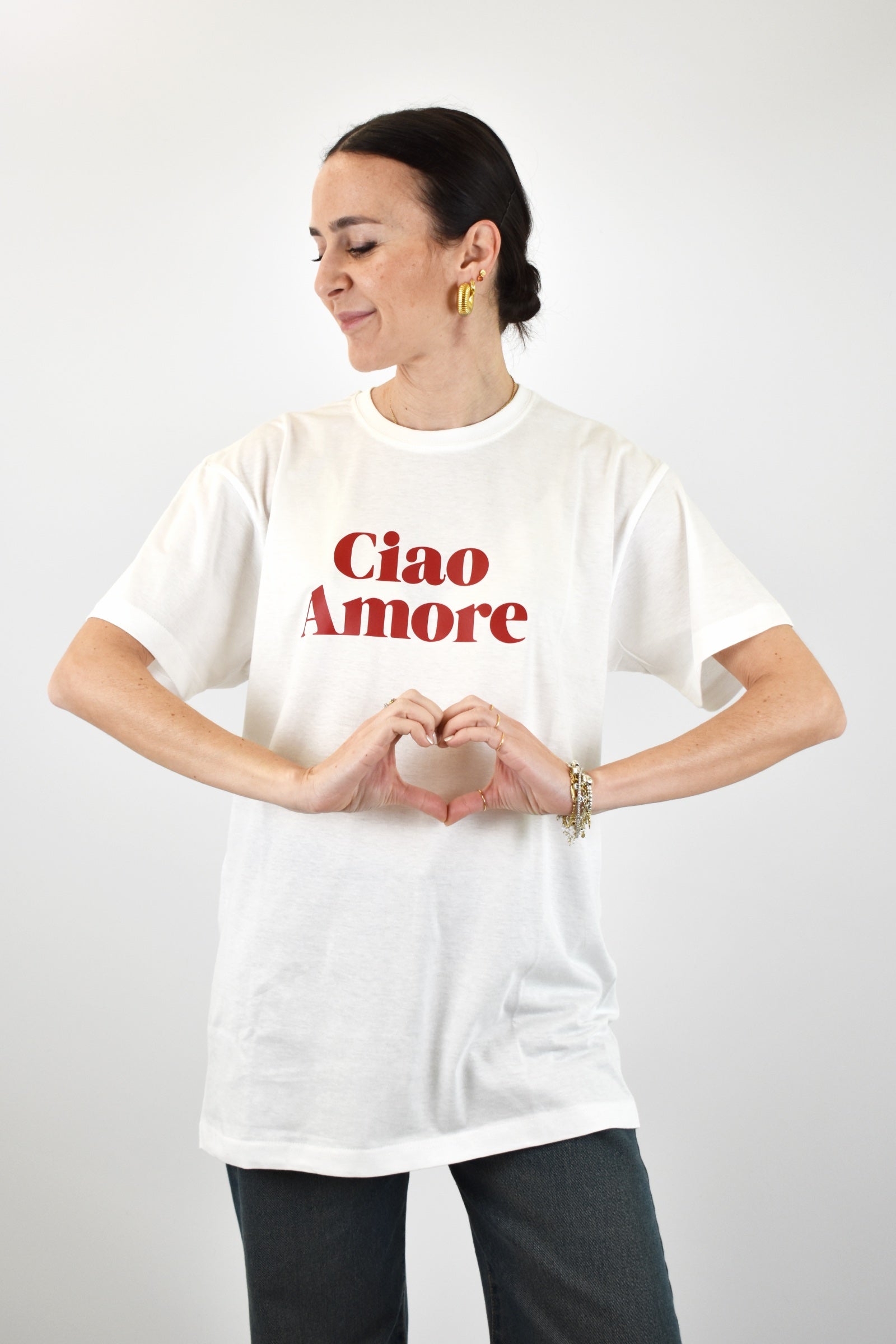 T-shirt da donna dal fit oversize con stampa "Ciao Amore", casual chic, brand Susy Mix, articolo tsh09