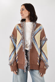 cardigan Tensione In da donna in maglia con frange e rombi, colore marrone e celeste