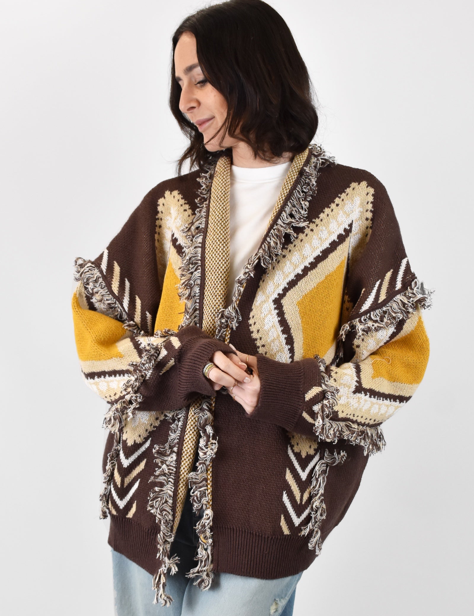 cardigan Tensione In da donna in maglia con frange e rombi, colore marrone e giallo