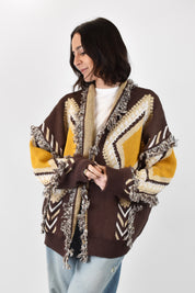 cardigan Tensione In da donna in maglia con frange e rombi, colore marrone e giallo