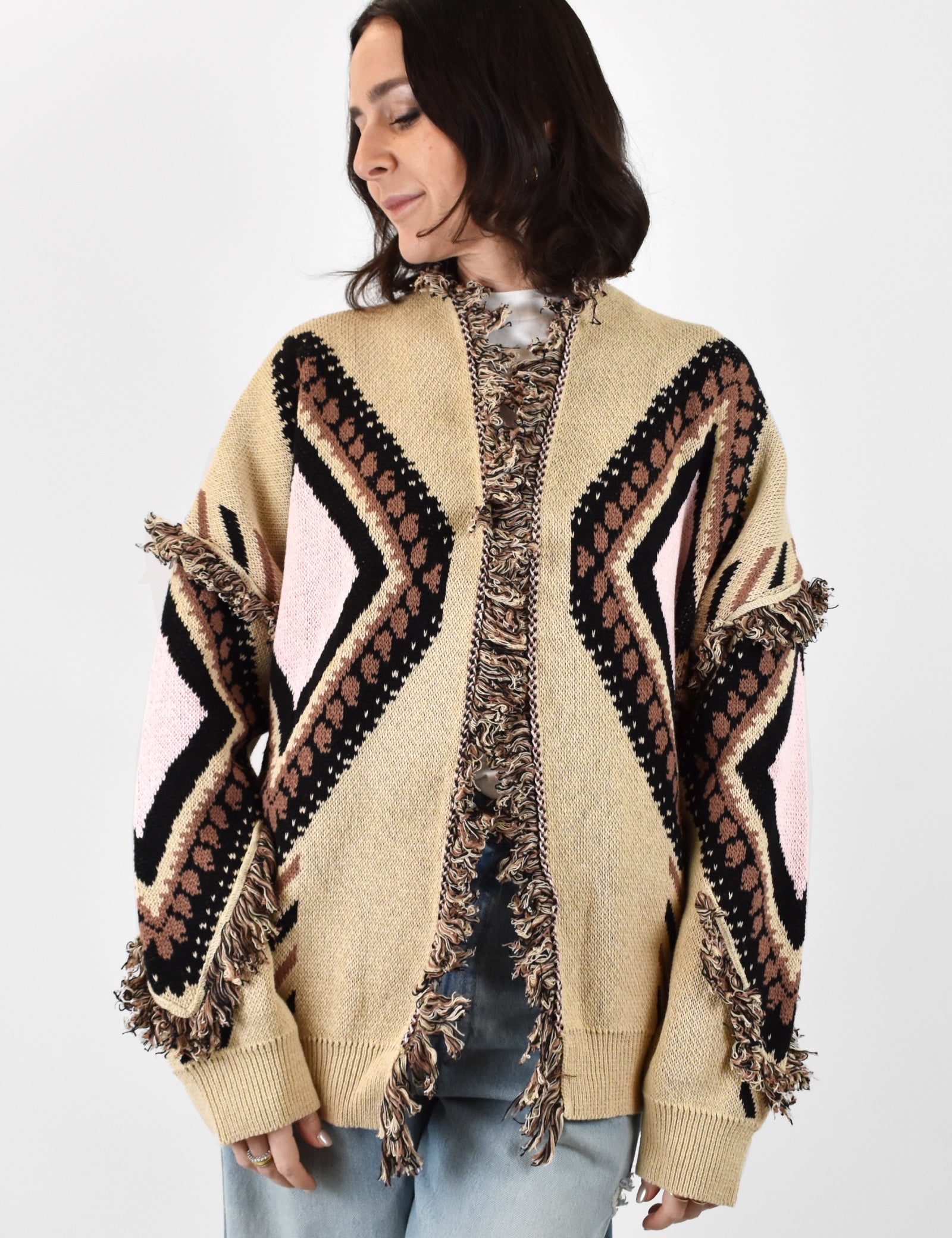 cardigan Tensione In da donna in maglia con frange e rombi, colore beige e rosa