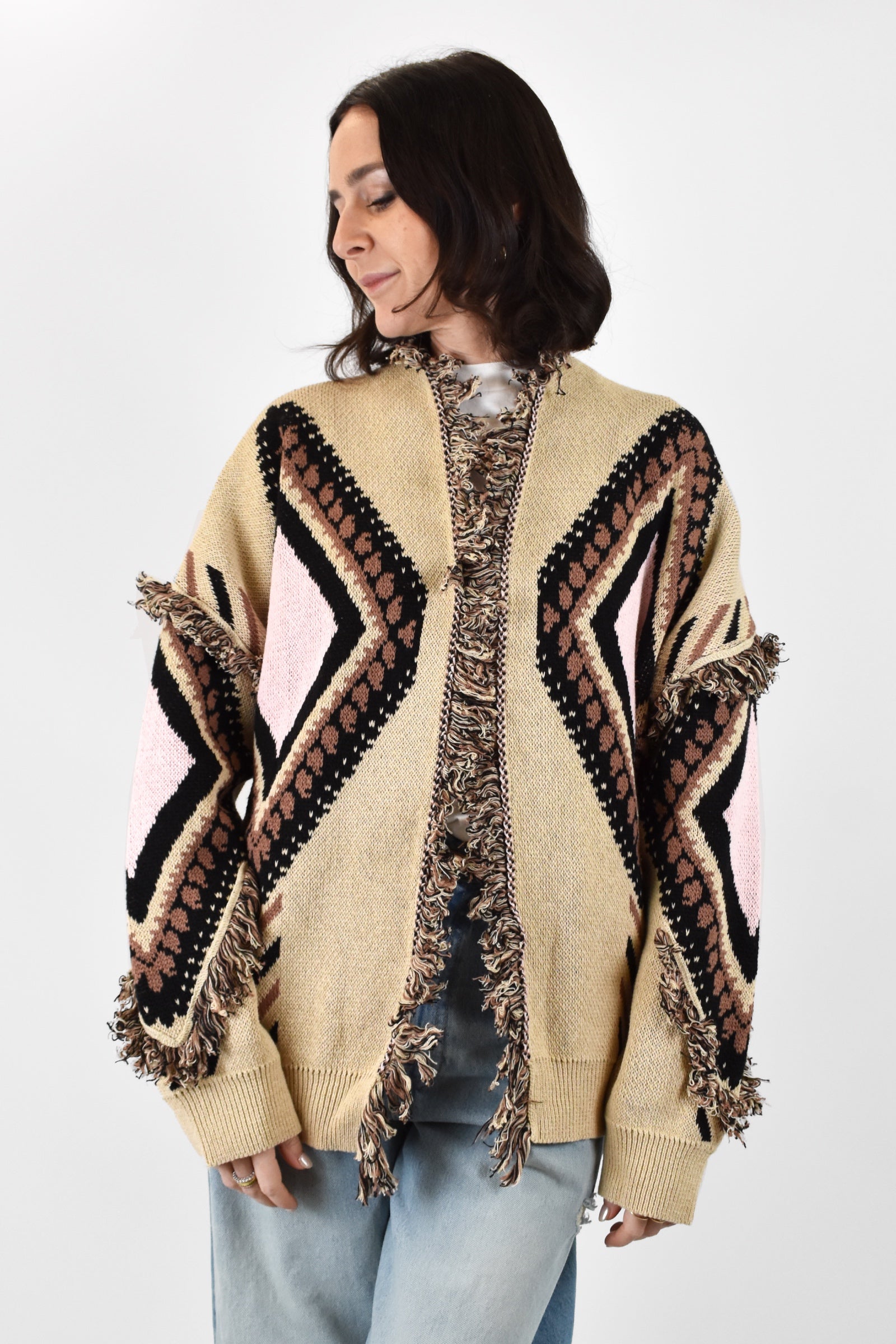 cardigan Tensione In da donna in maglia con frange e rombi, colore beige e rosa