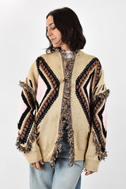 cardigan Tensione In da donna in maglia con frange e rombi, colore beige e rosa