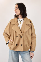 trench HaveOne da donna, modello corto doppiopetto con spalla scesa e elastico nella parte posteriore, casual chic, colore beige, articolo kvs-q018
