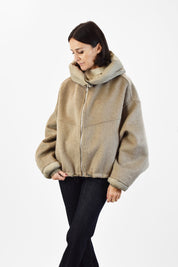 Bomber handmade con dettagli piumino removibili, brand HaveOne, vista frontale, colore tortora 