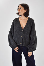 Cardigan di HaveOne con chiusura a 3 bottoni, colore antracite, vista frontale 