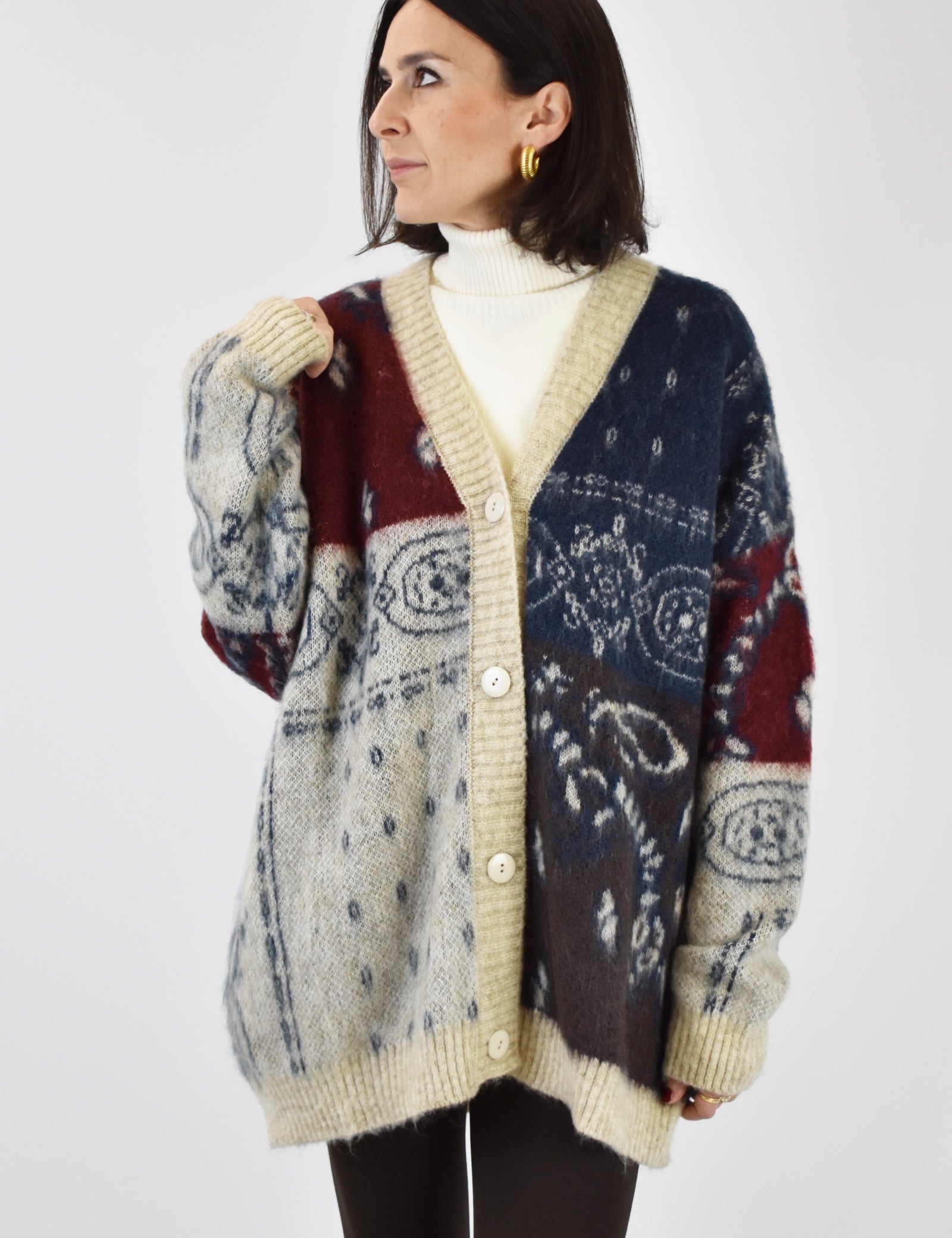 foto frontale cardigan fantasia bandana, cardigan fantasia bandana, cardigan kontatto, 3M1041NI, cardigan blu, rosso, panna