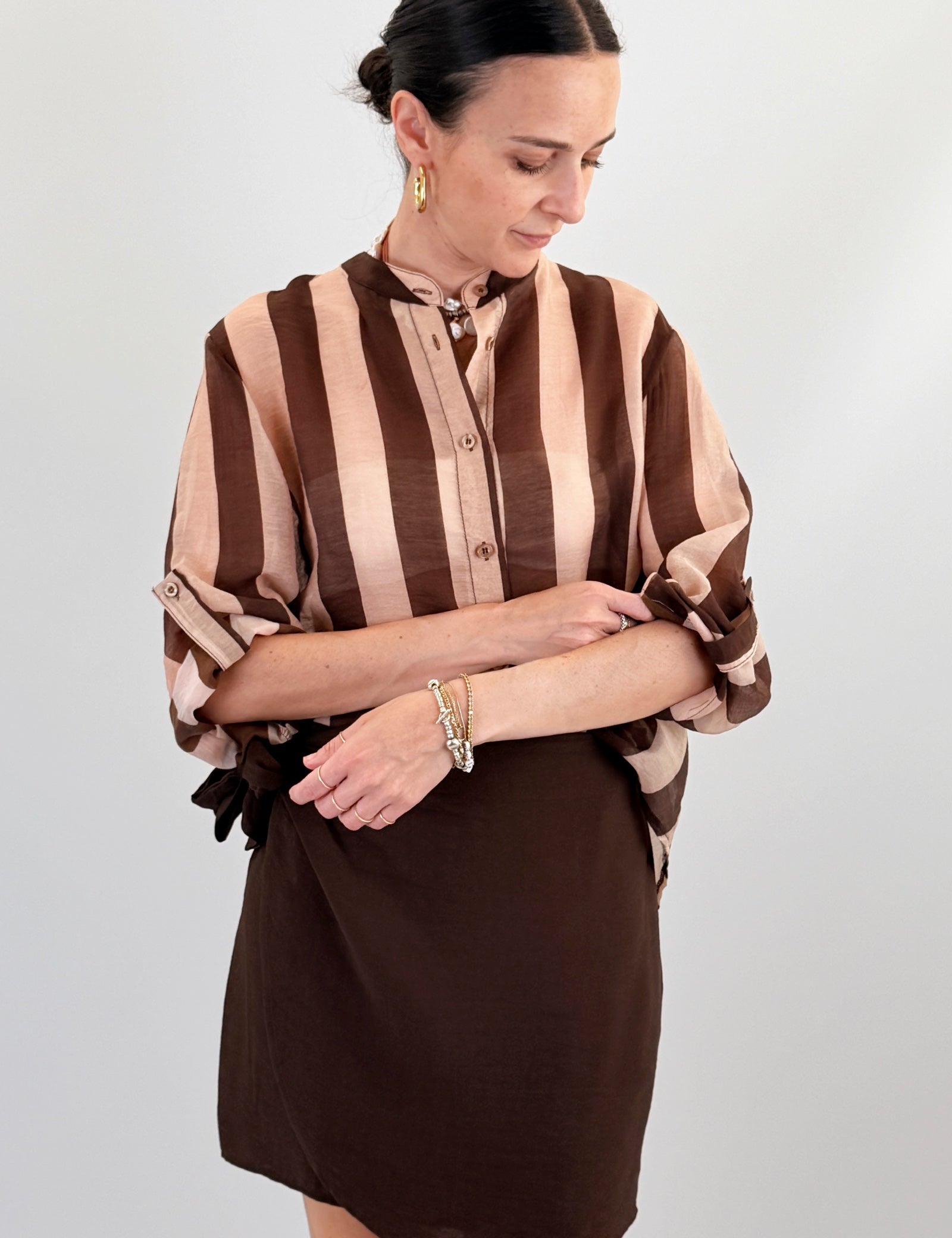 Haveona camicia coreana maxi righe moro beige CVS-Q398