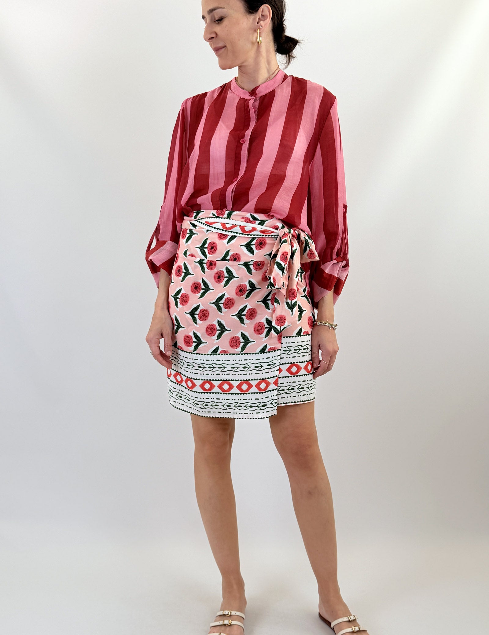 Haveona camicia coreana maxi righe rosso fuxia CVS-Q398