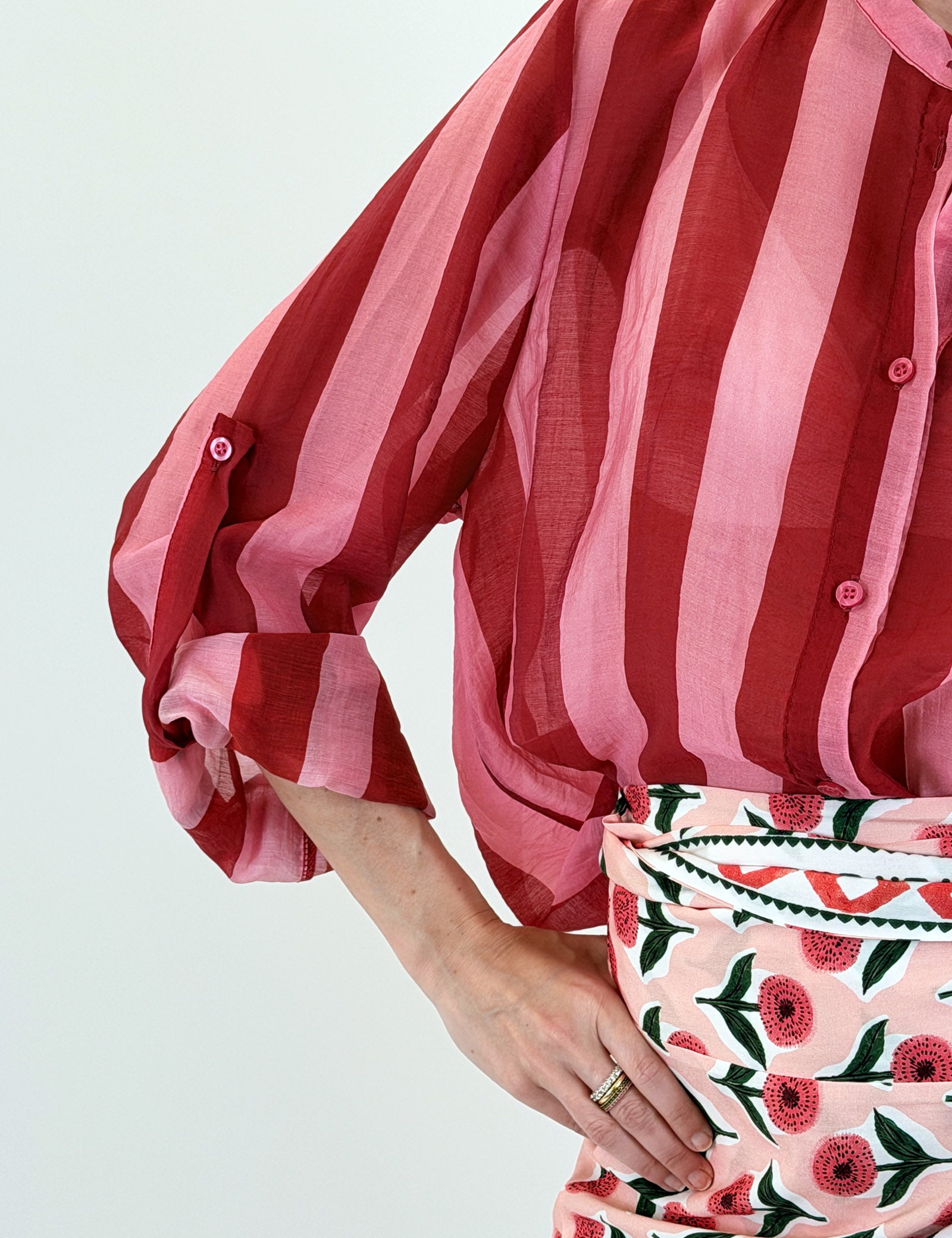 Haveona camicia coreana maxi righe rosso fuxia CVS-Q398