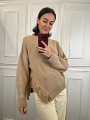 Maglia con spacco e frange laterali, brand HaveOne, articolo MHO-P418, colore casha