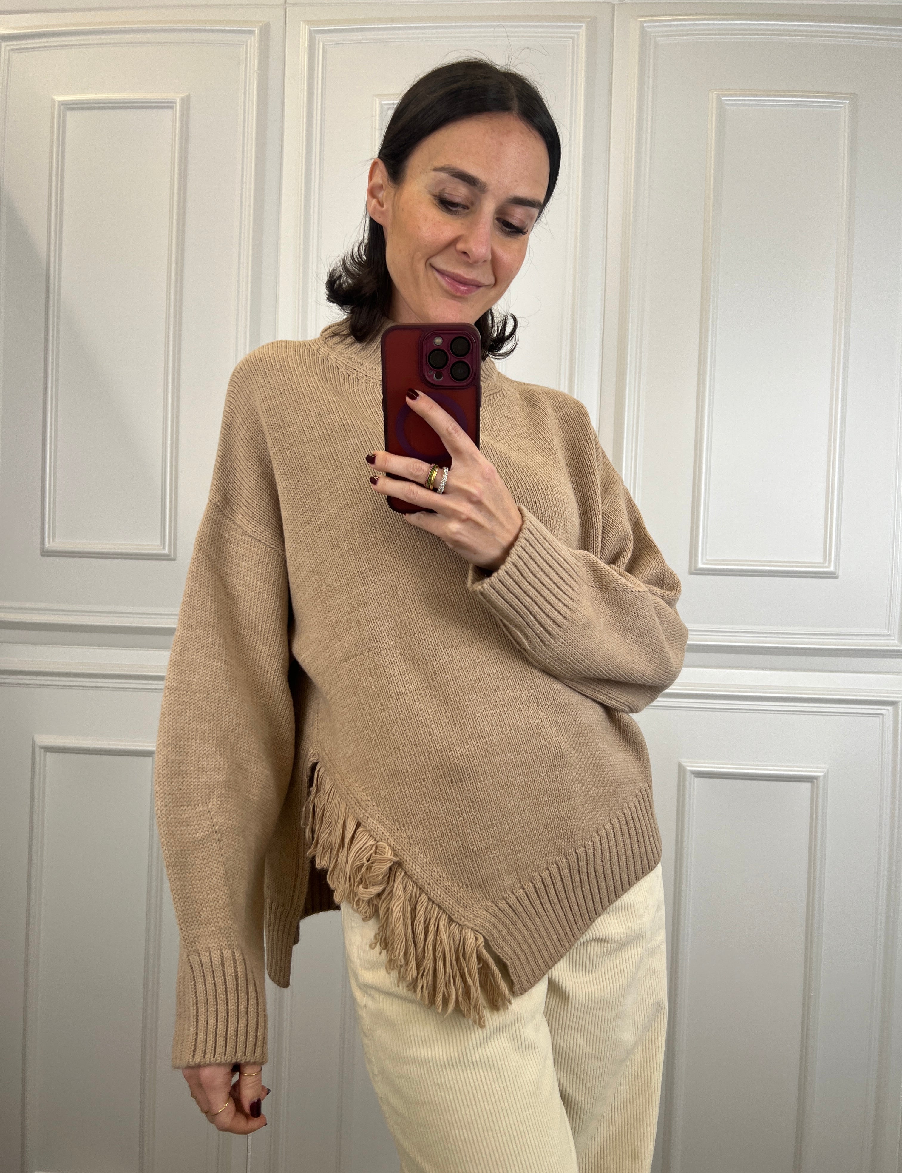 Maglia con spacco e frange laterali, brand HaveOne, articolo MHO-P418, colore casha