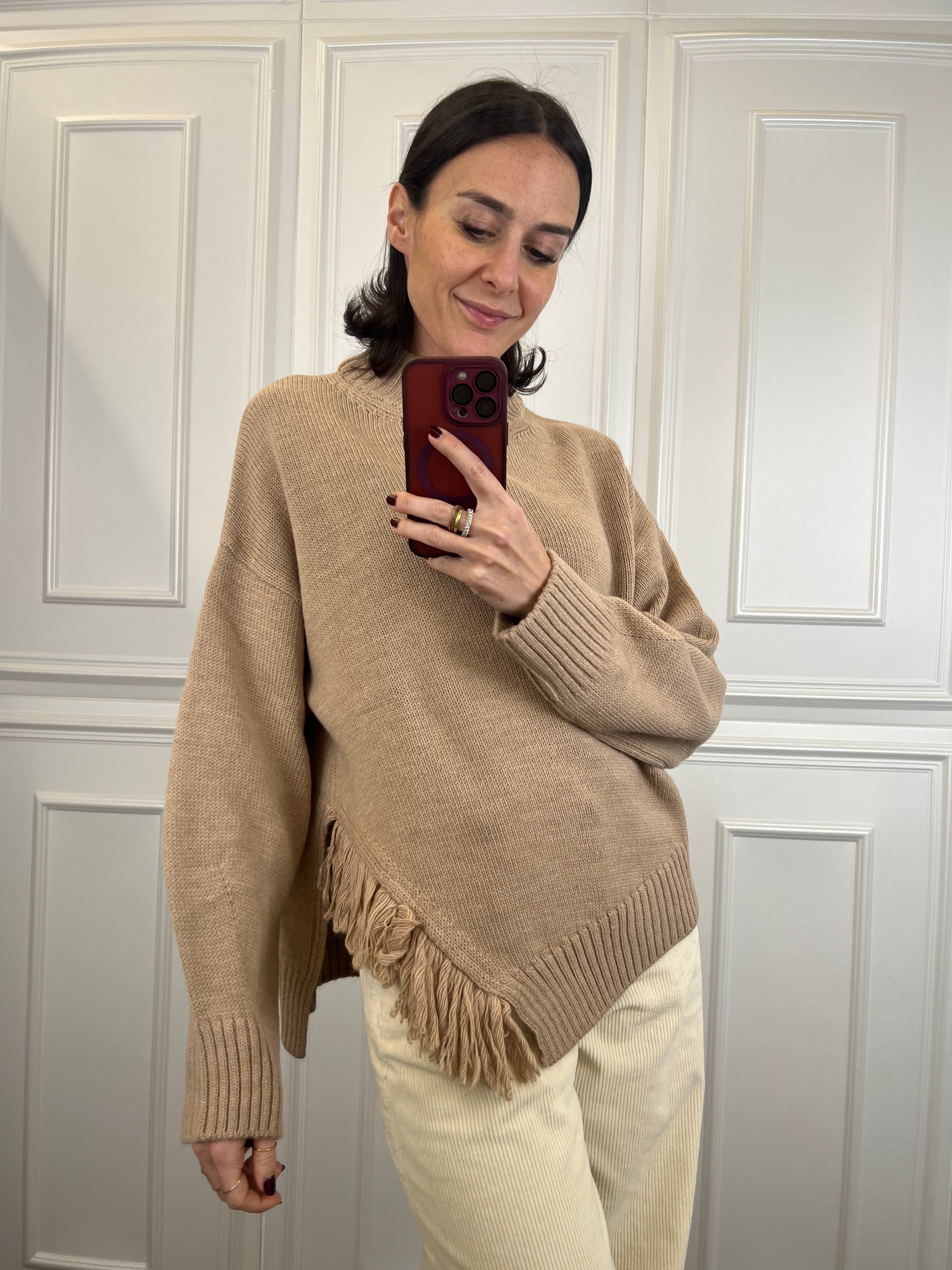 Maglia con spacco e frange laterali, brand HaveOne, articolo MHO-P418, colore casha