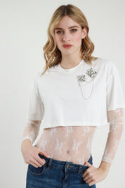 T-shirt con body in pizzo
