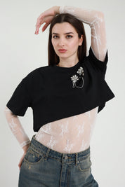 T-shirt con body in pizzo