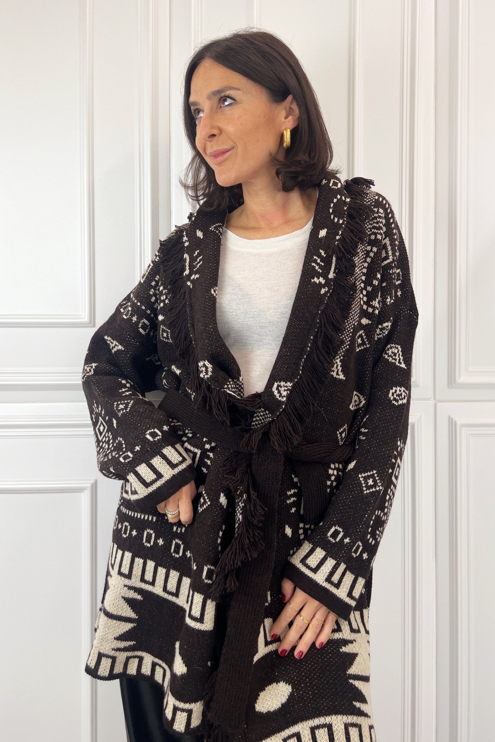 Cardigan jaquard frange