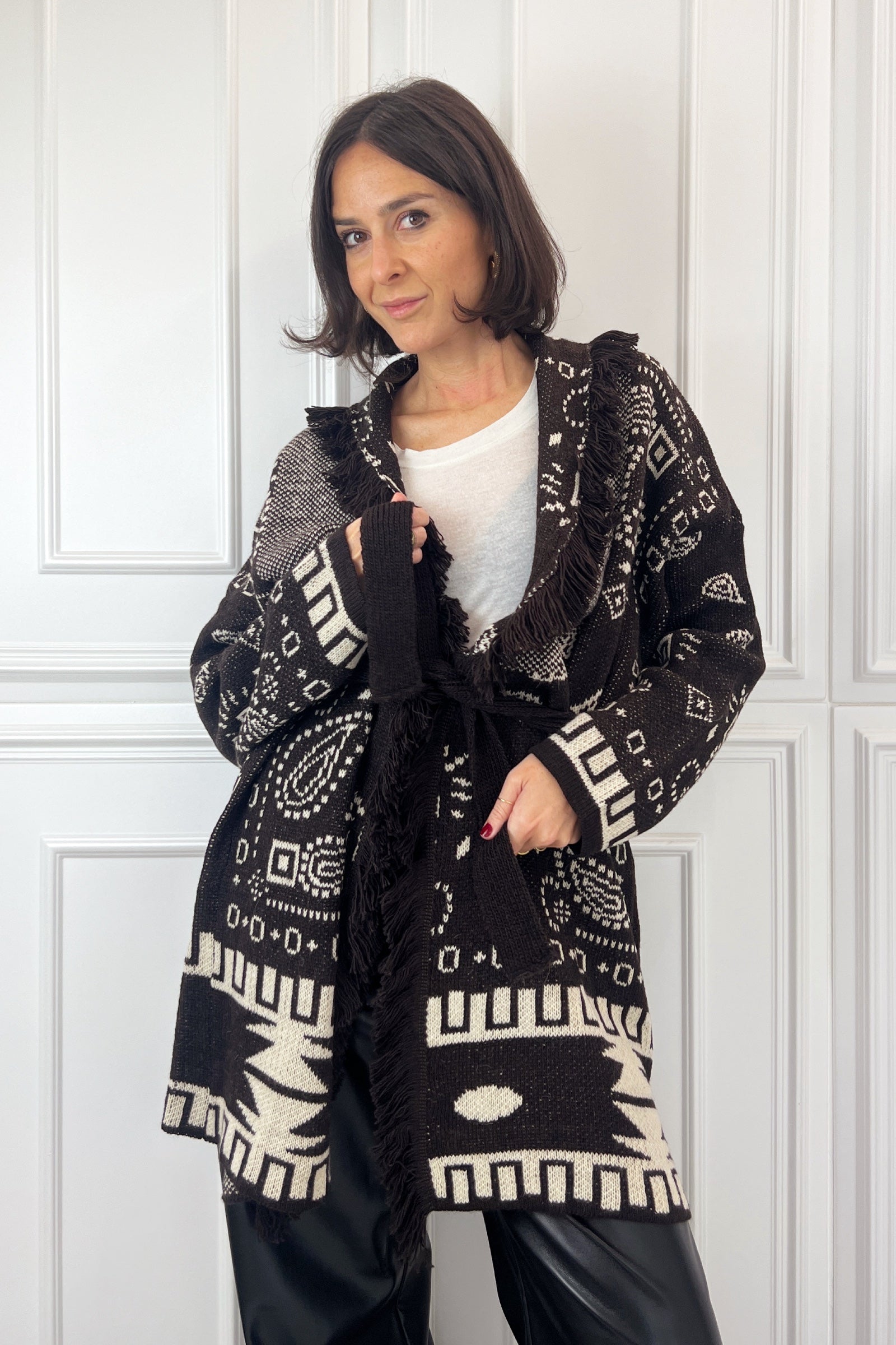 Cardigan jaquard frange