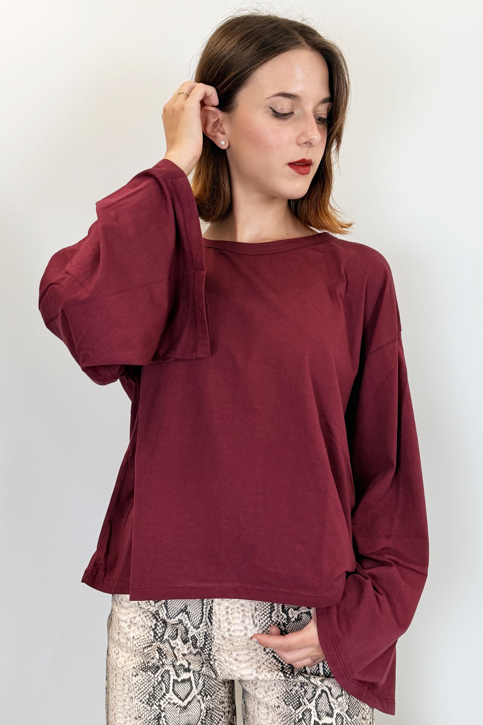 HaveOne t-shirt in cotone con manica a campana, colore porto 