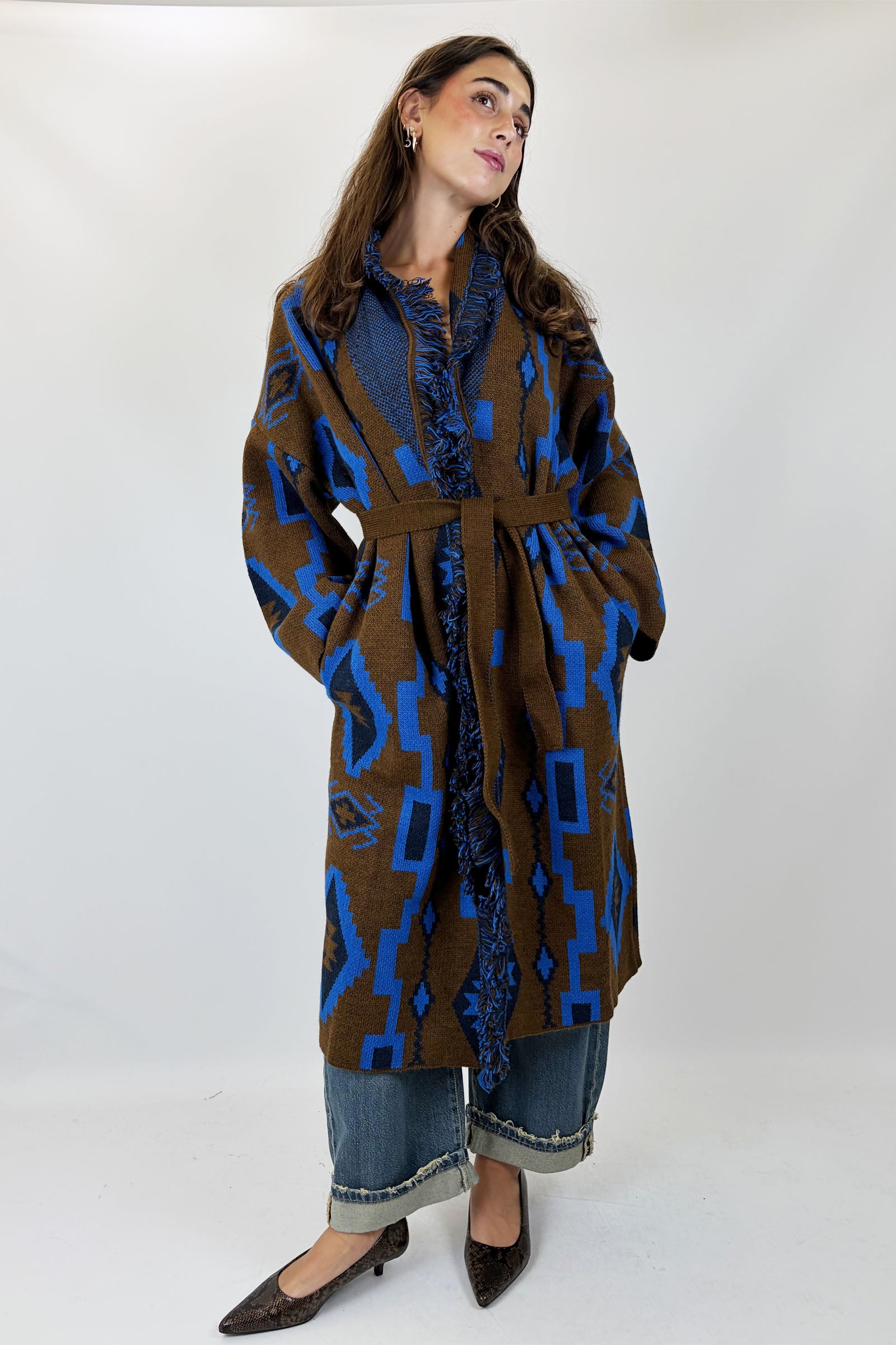 Cardigan lungo etnico cintura