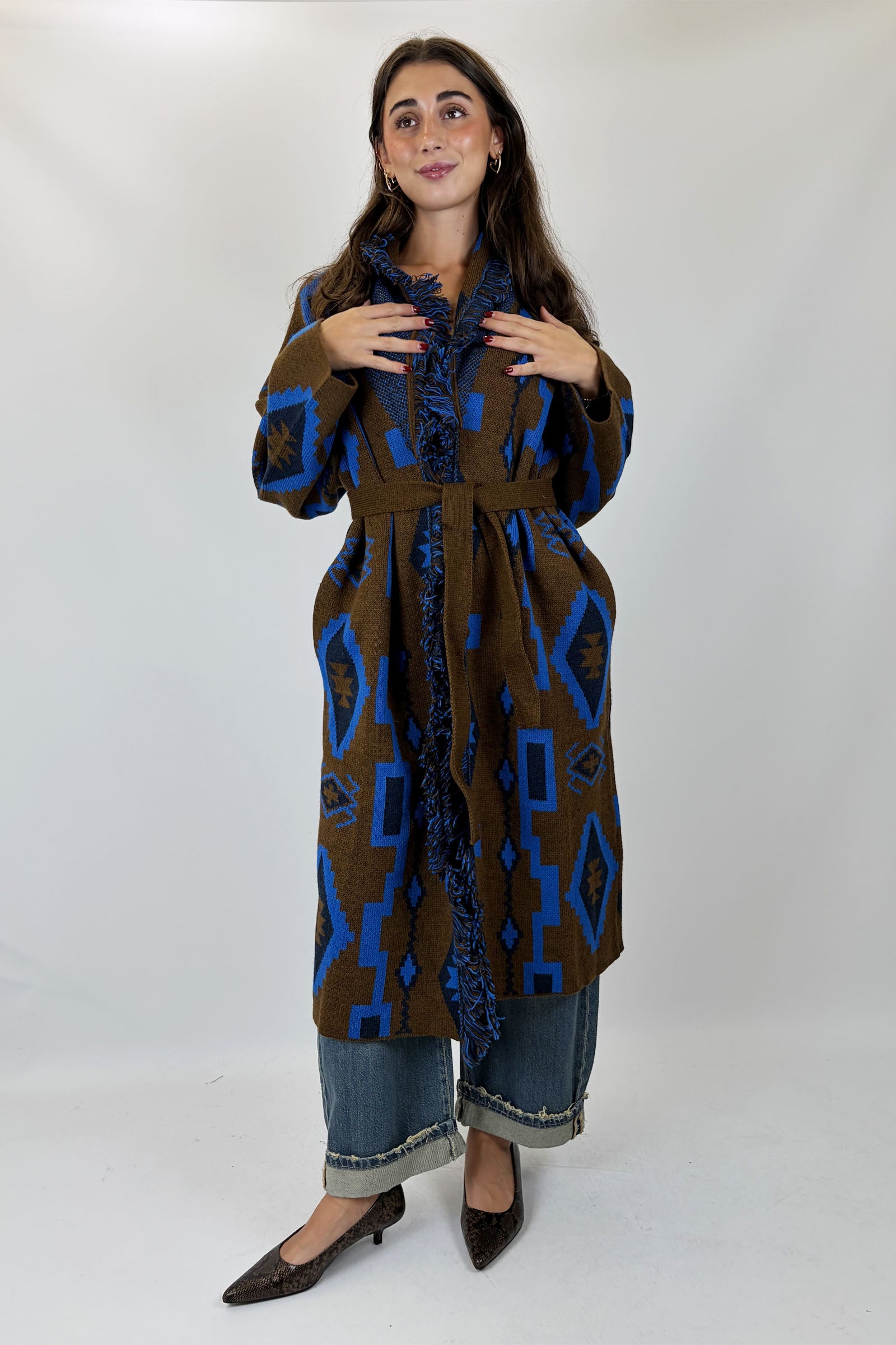 Cardigan lungo etnico cintura
