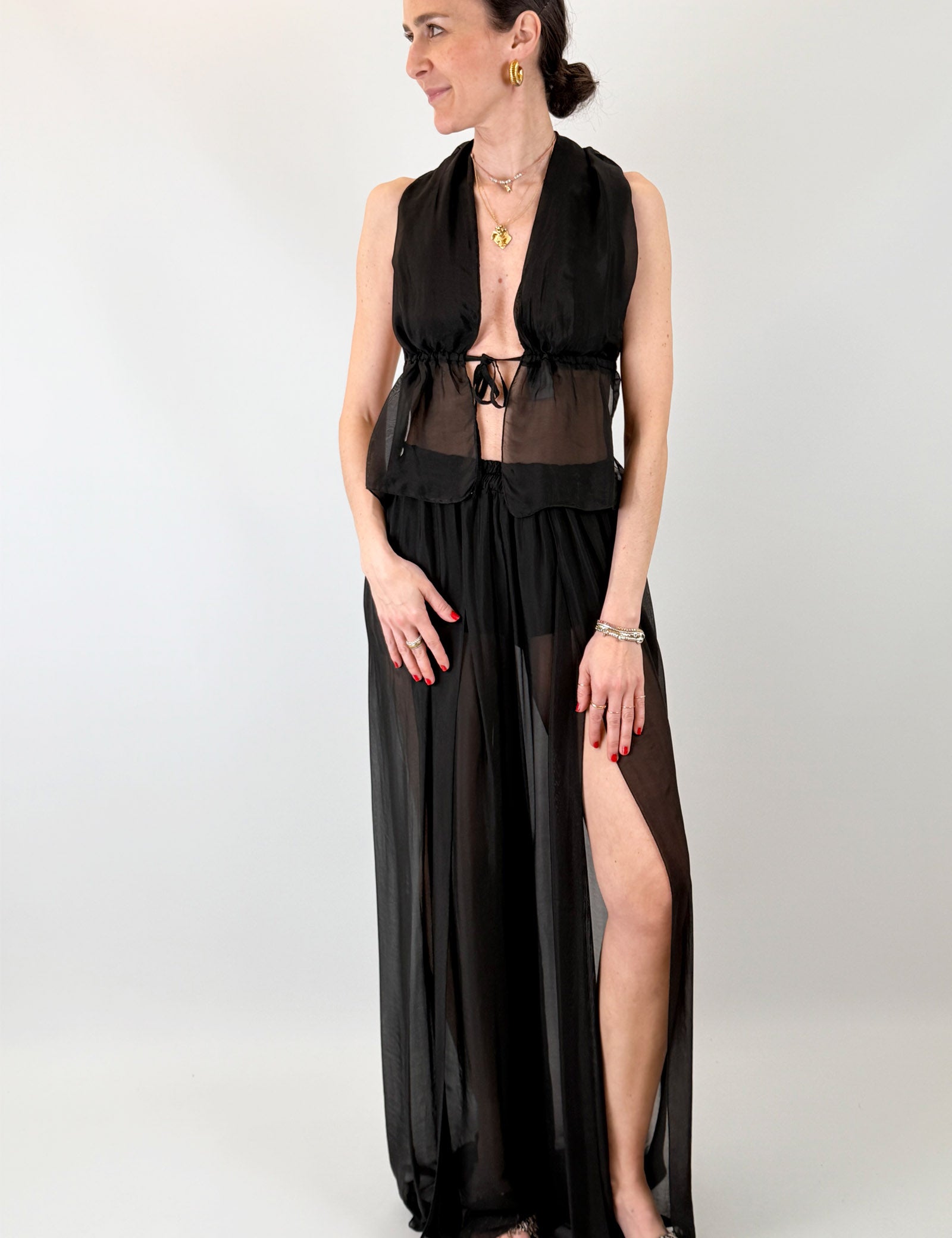 Pantalone misto seta e spacchi