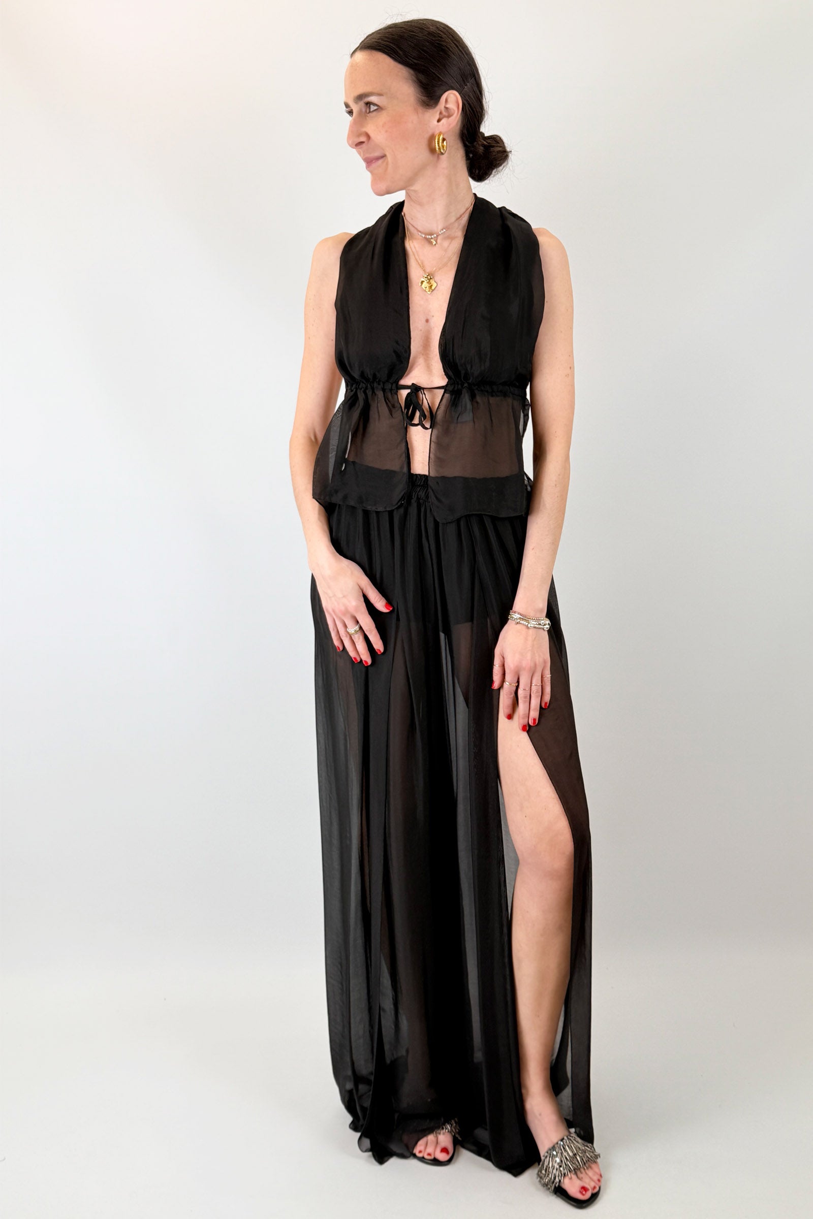 Pantalone misto seta e spacchi
