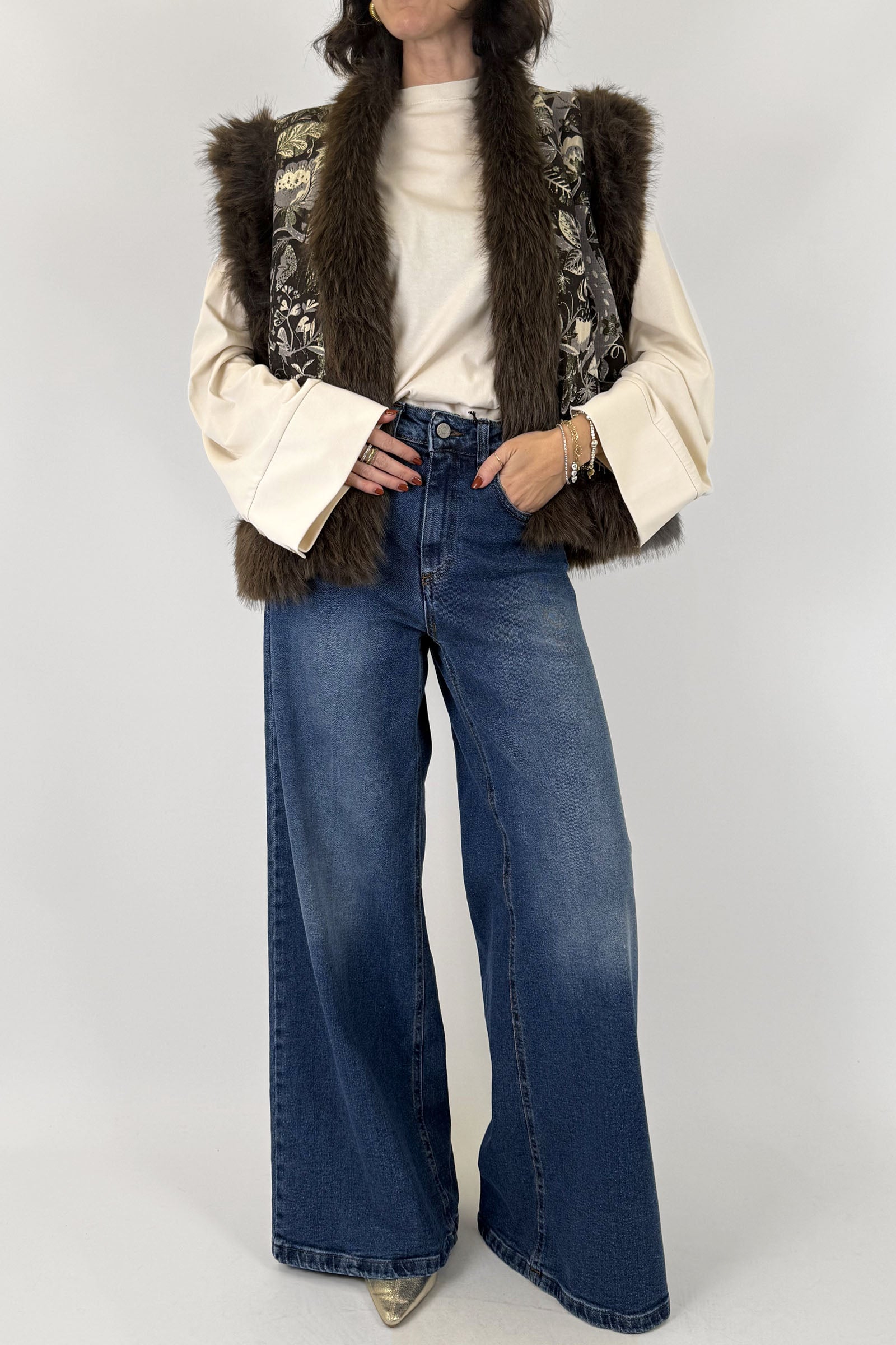 Gilet jacquard con pelliccia