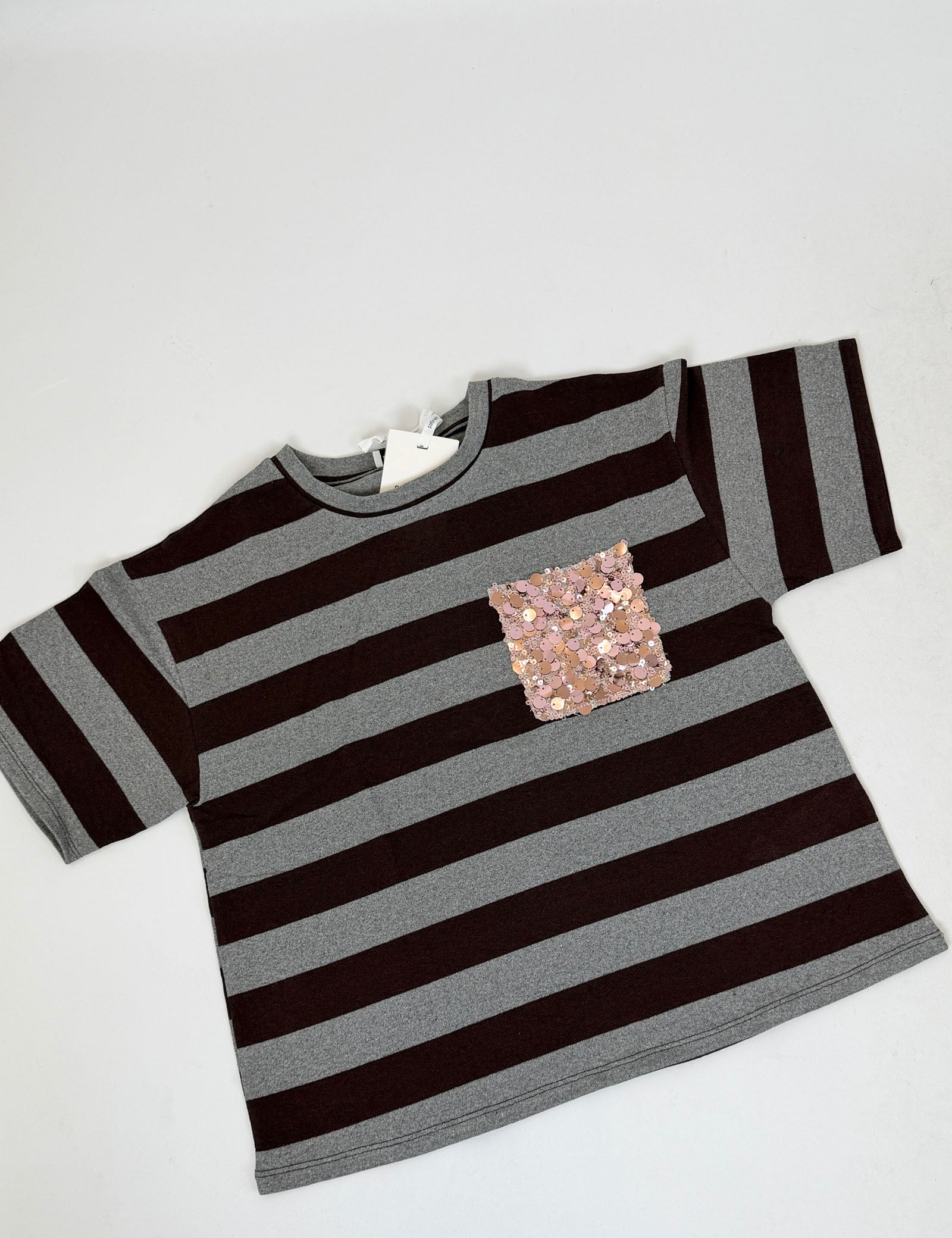 T-shirt righe tasca paillettes