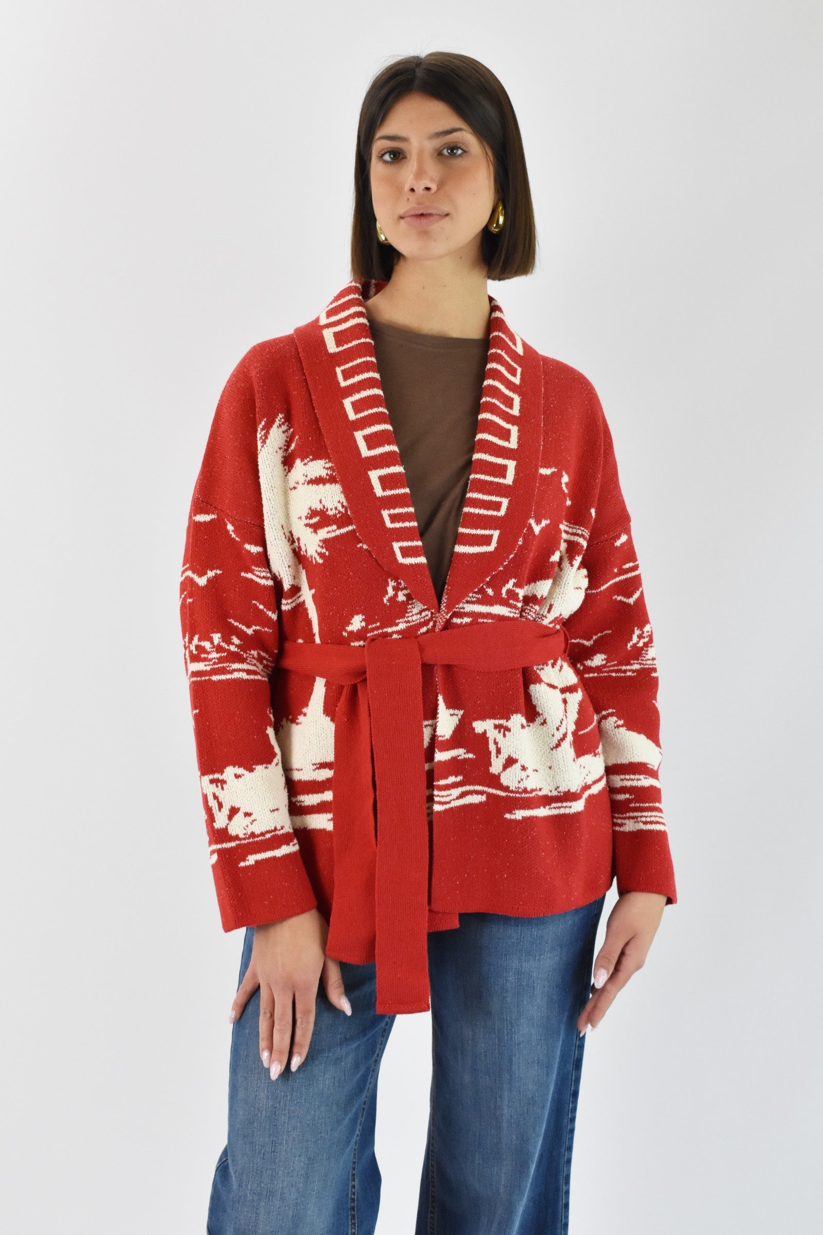 Cardigan palme con cintura