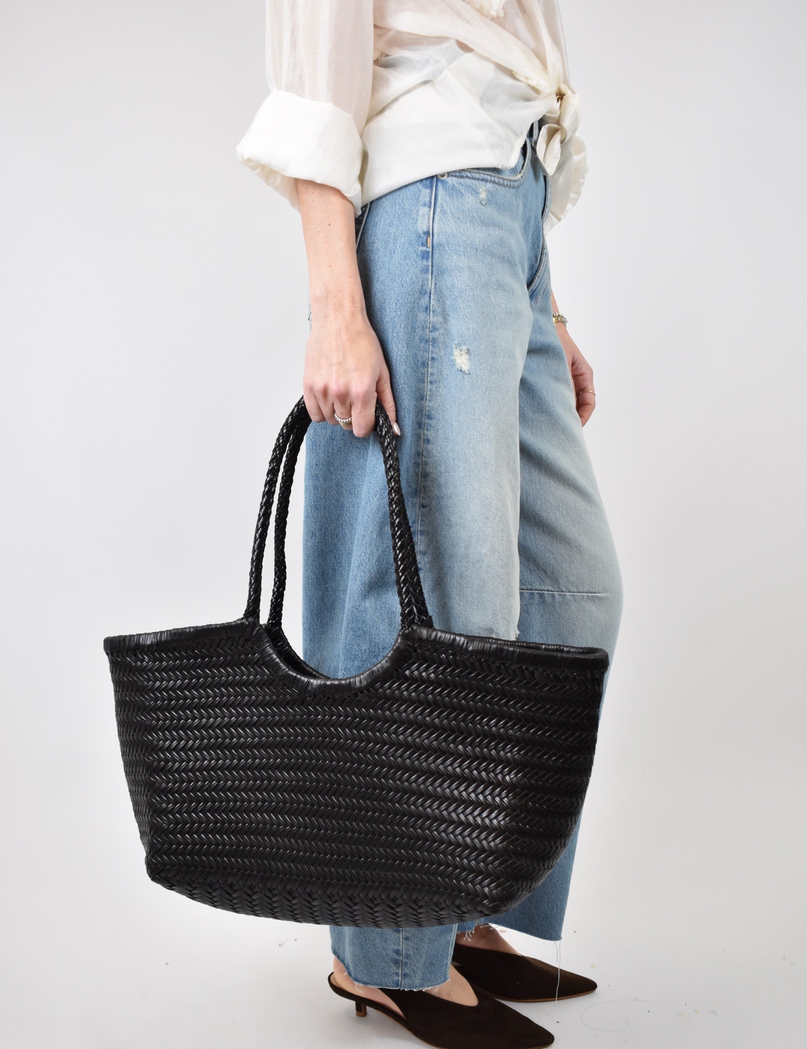 Tote bag in pelle intrecciata EMMA, chic e glamour, colore nero