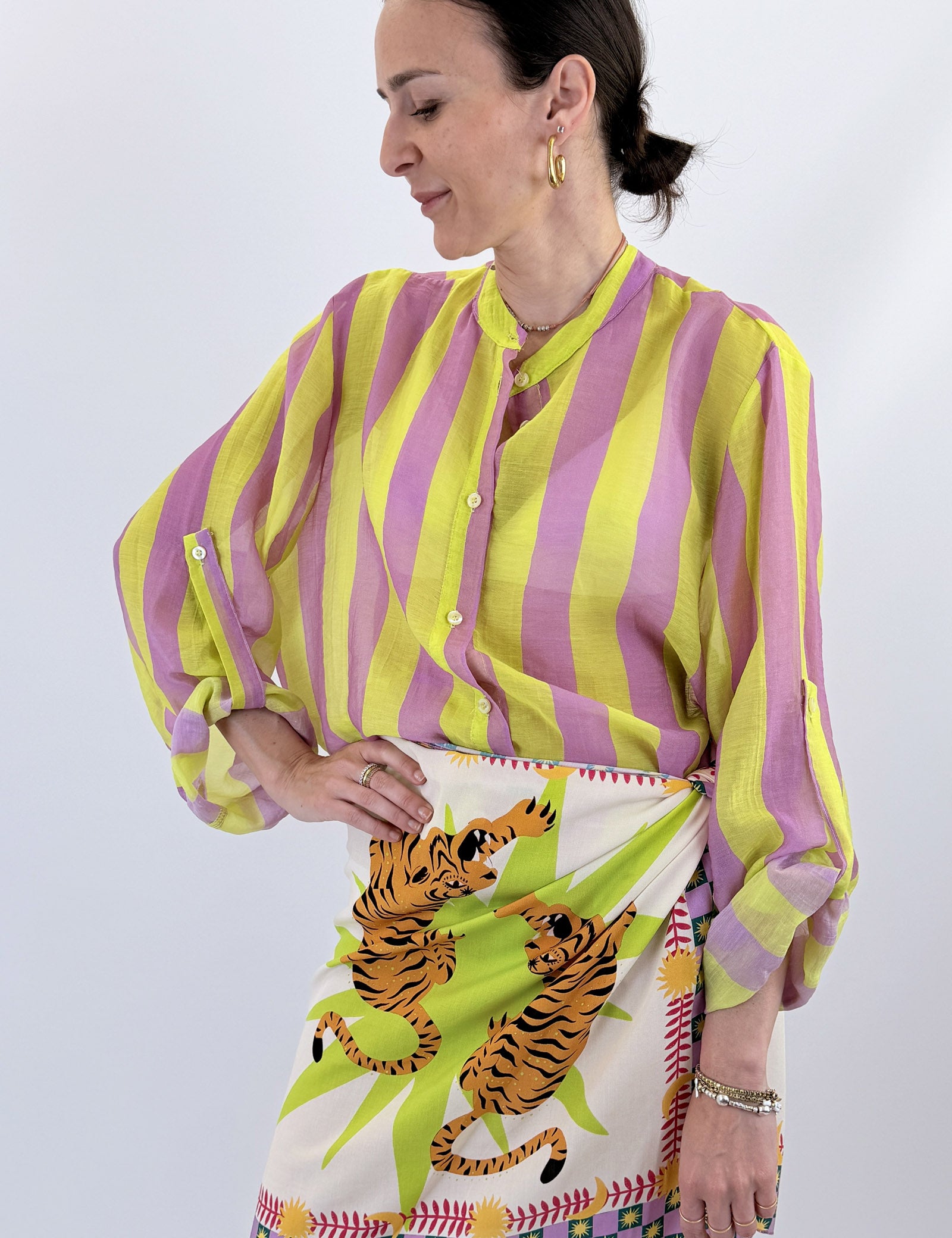 haveone camicia coreana maxi righe colore lilla lime CVS-Q422