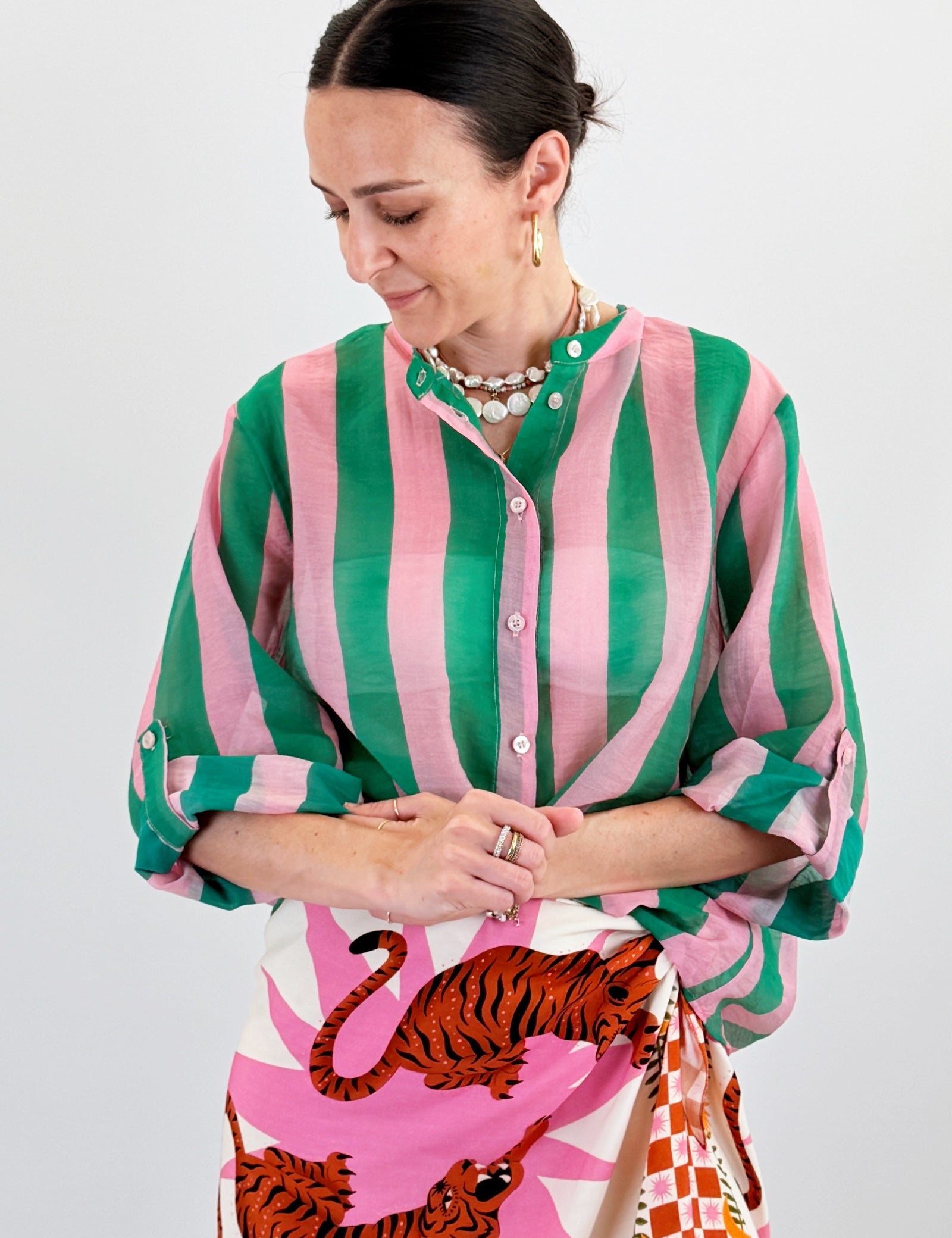 haveone camicia coreana maxi righe colore rosa lime CVS-Q422