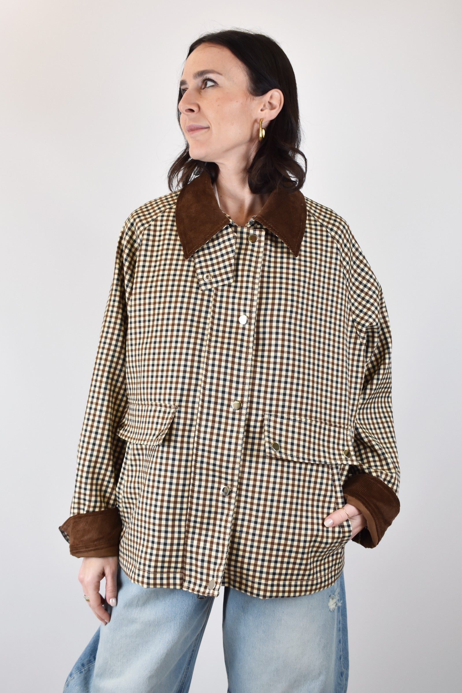 Haveone, giubbotto a quadretti da donna, dettagli in velluto su colletto e polsi, modello jno-q052