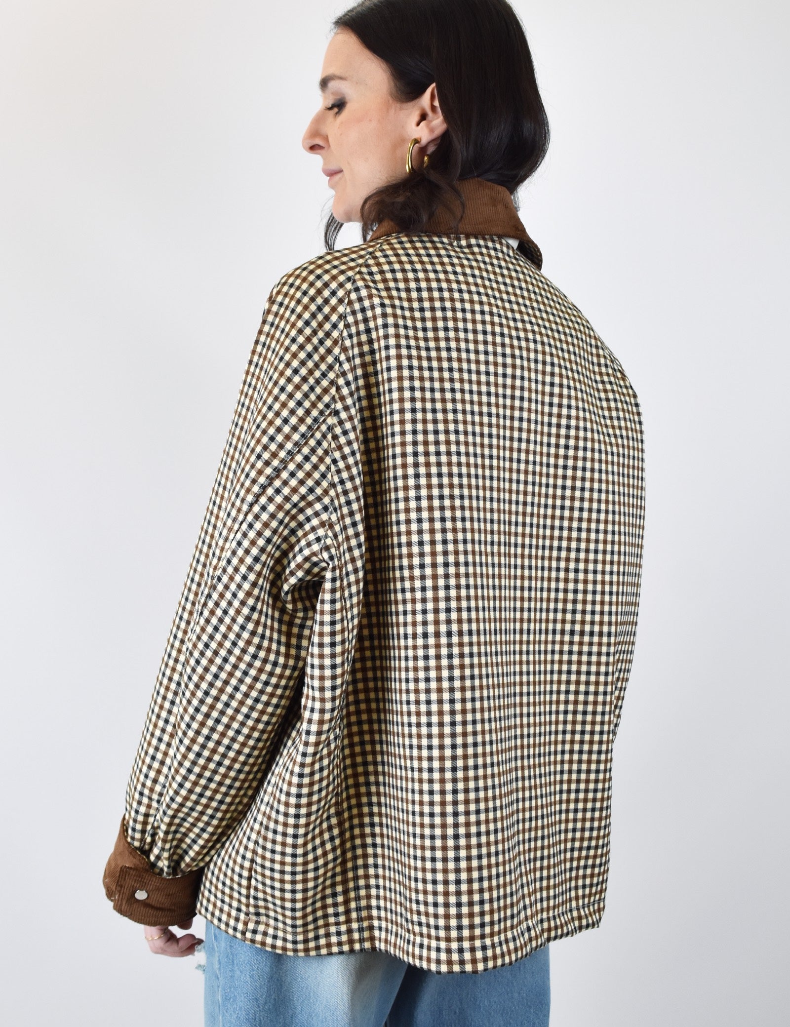 Haveone, giubbotto a quadretti da donna, dettagli in velluto su colletto e polsi, modello jno-q052