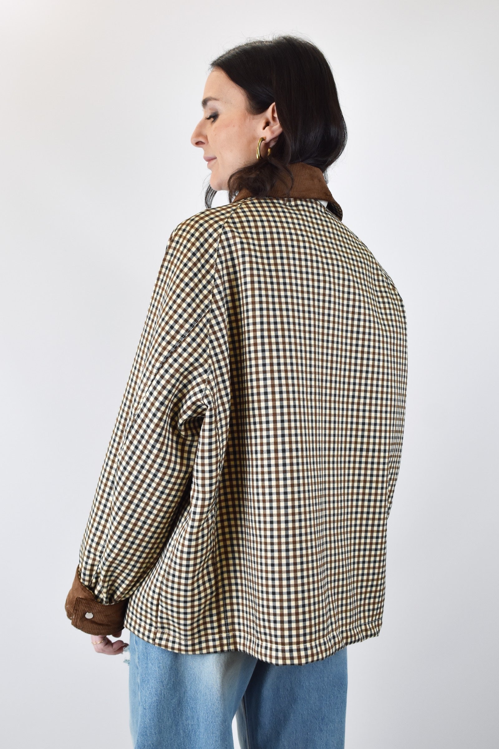 Haveone, giubbotto a quadretti da donna, dettagli in velluto su colletto e polsi, modello jno-q052