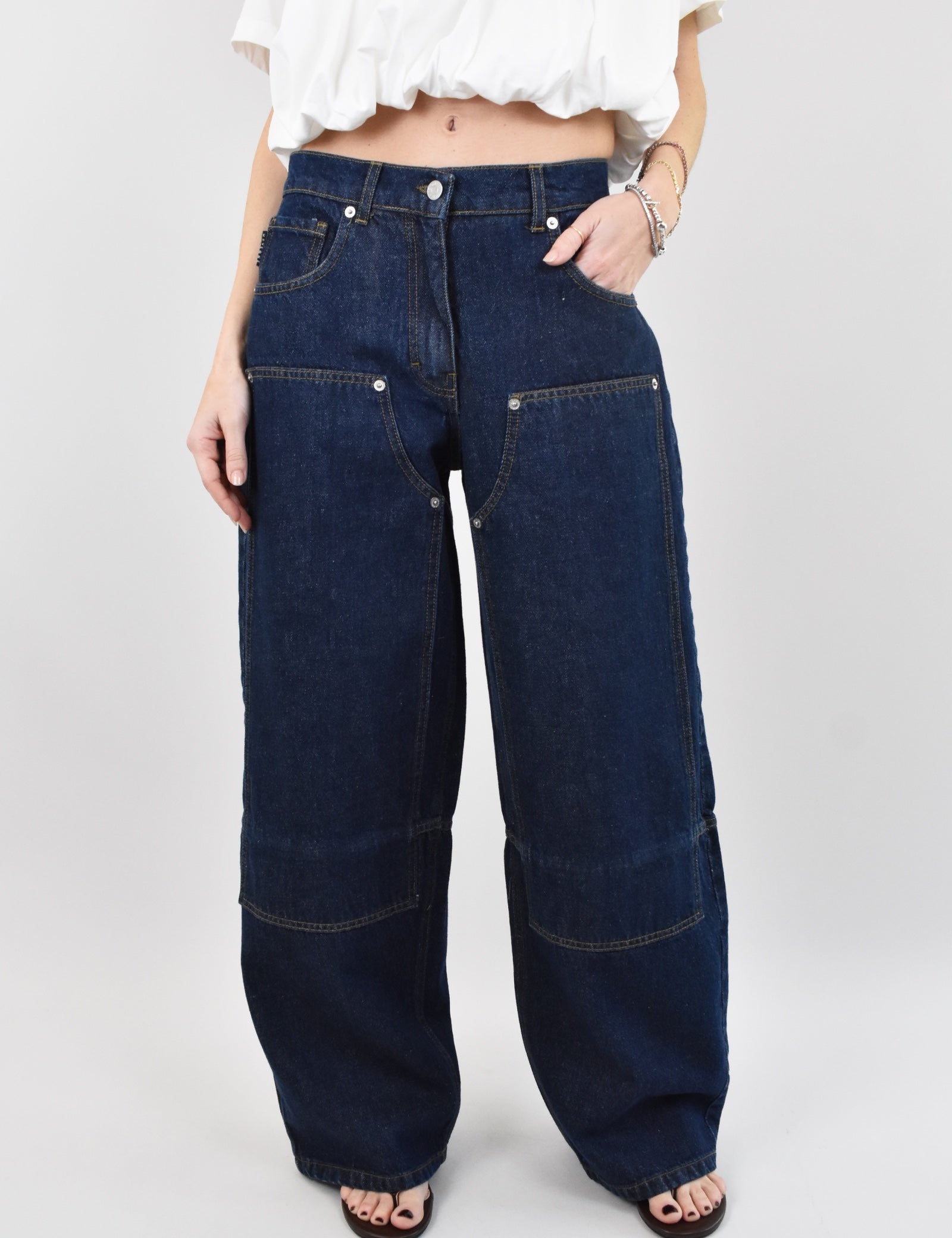 jeans donna modello wide leg blu scuro con toppe applicate, articolo PLS-Q299 di HaveOne