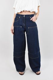 jeans donna modello wide leg blu scuro con toppe applicate, articolo PLS-Q299 di HaveOne