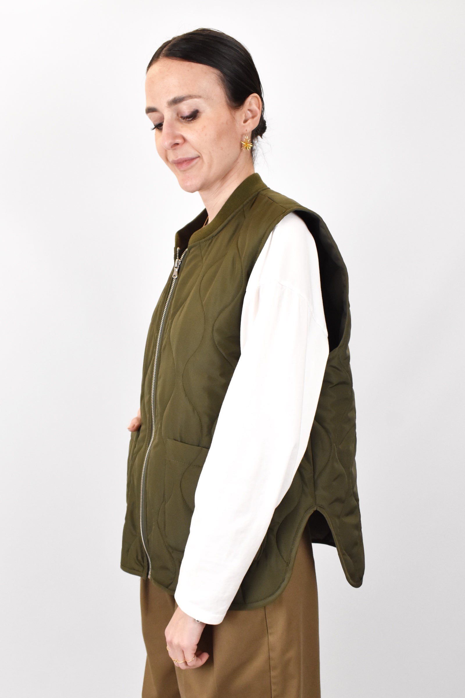 gilet trapuntato susy mix da donna verde militare con spacchi laterali